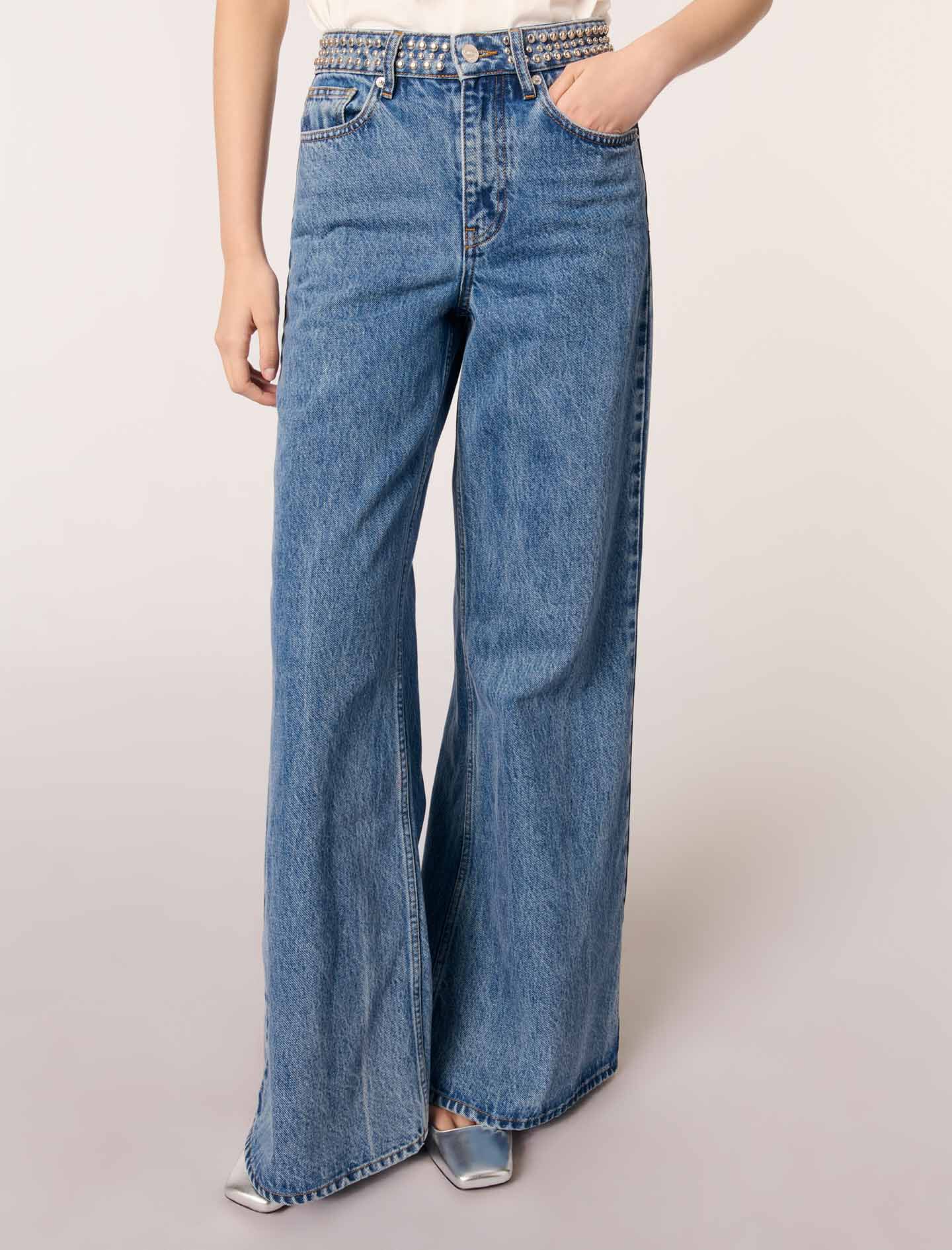 Flared jeans with studded waistband Blue For Women | Maje