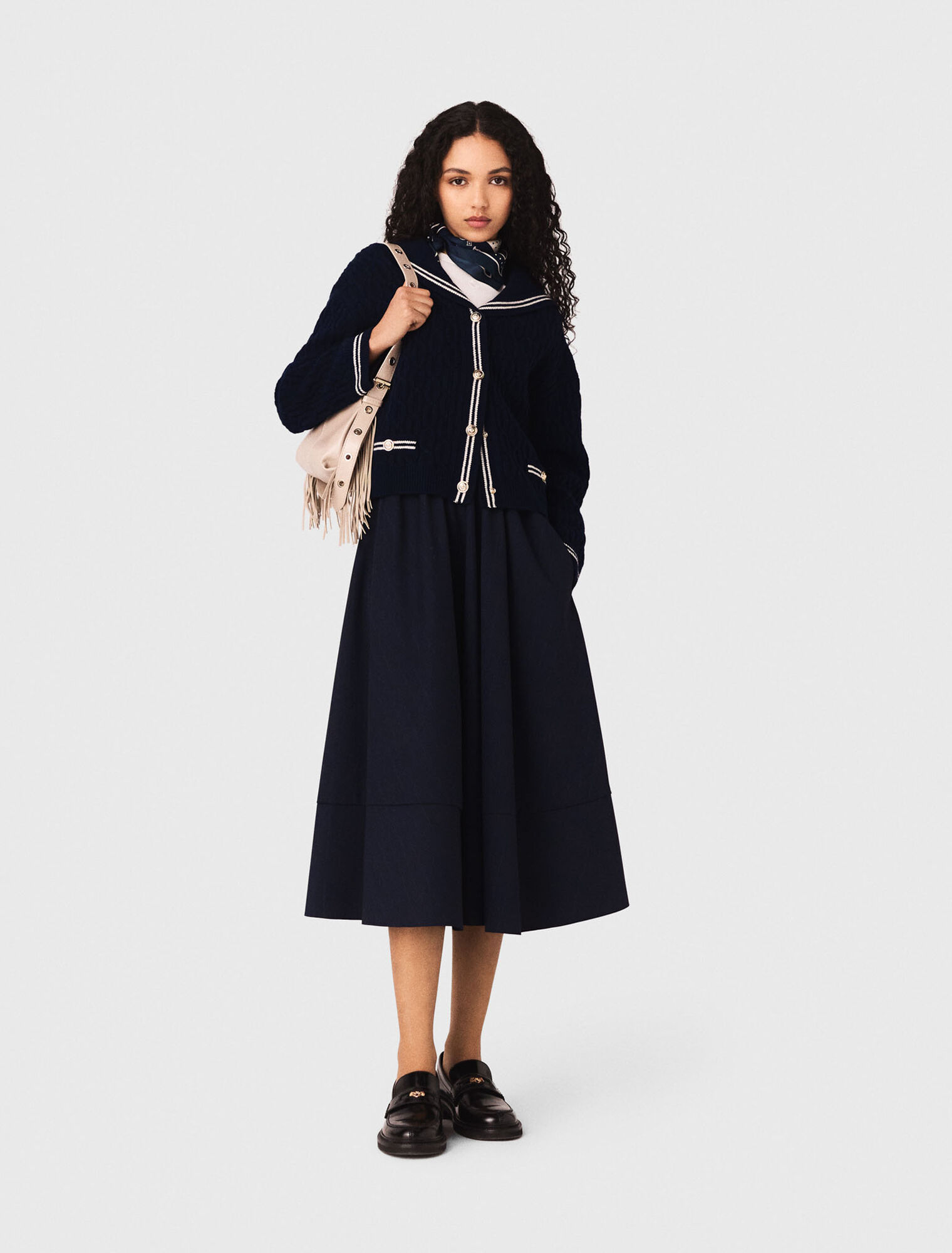 Pinstripe tailored midi skirt