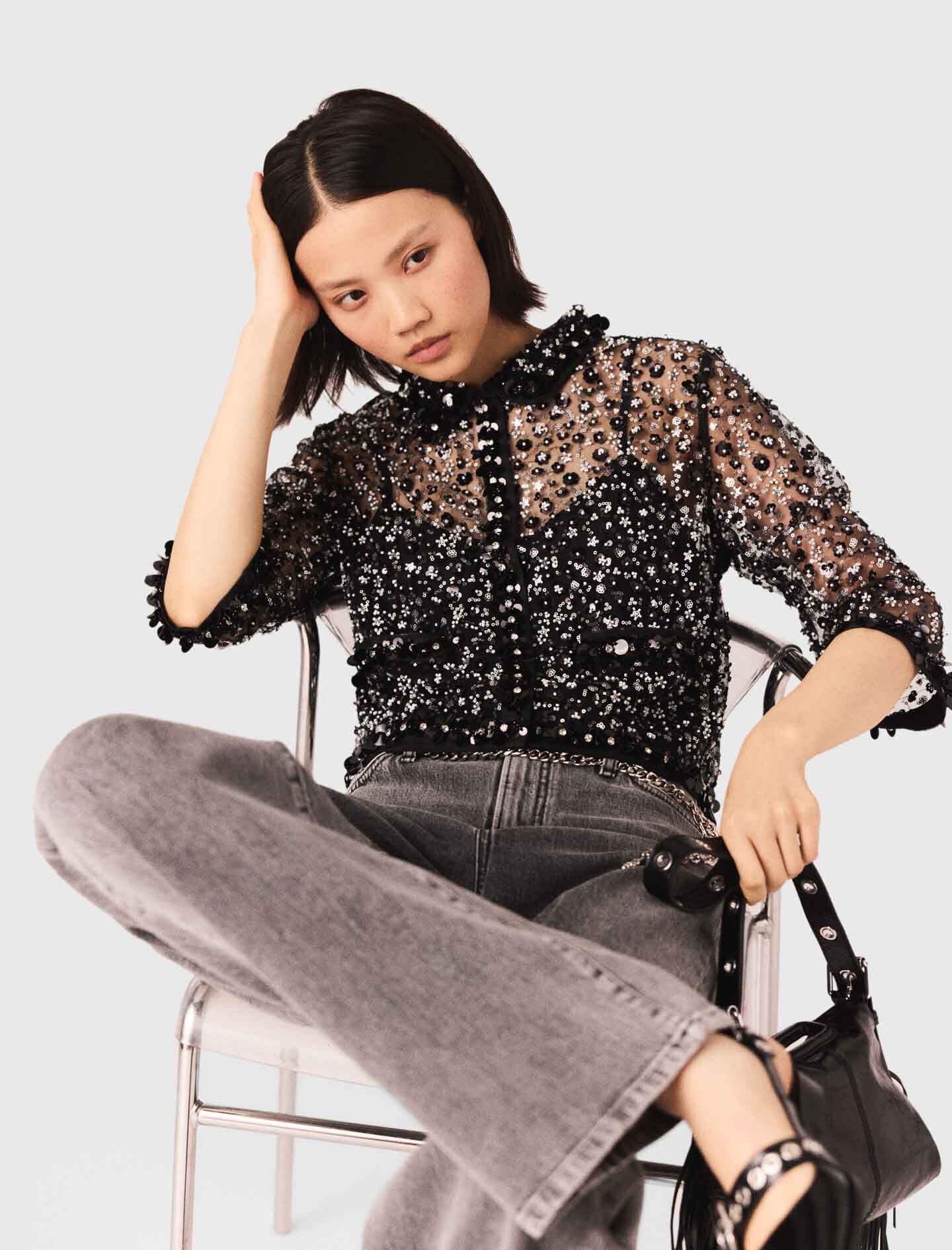 Floral sequin top Black / Gray For Women | Maje