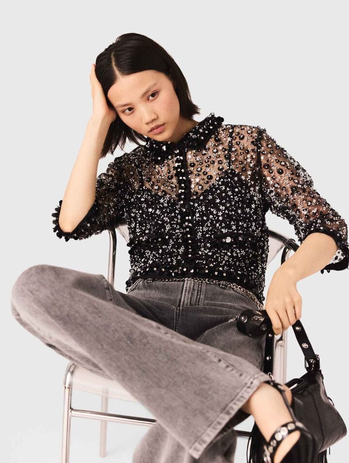 Floral rhinestone polo