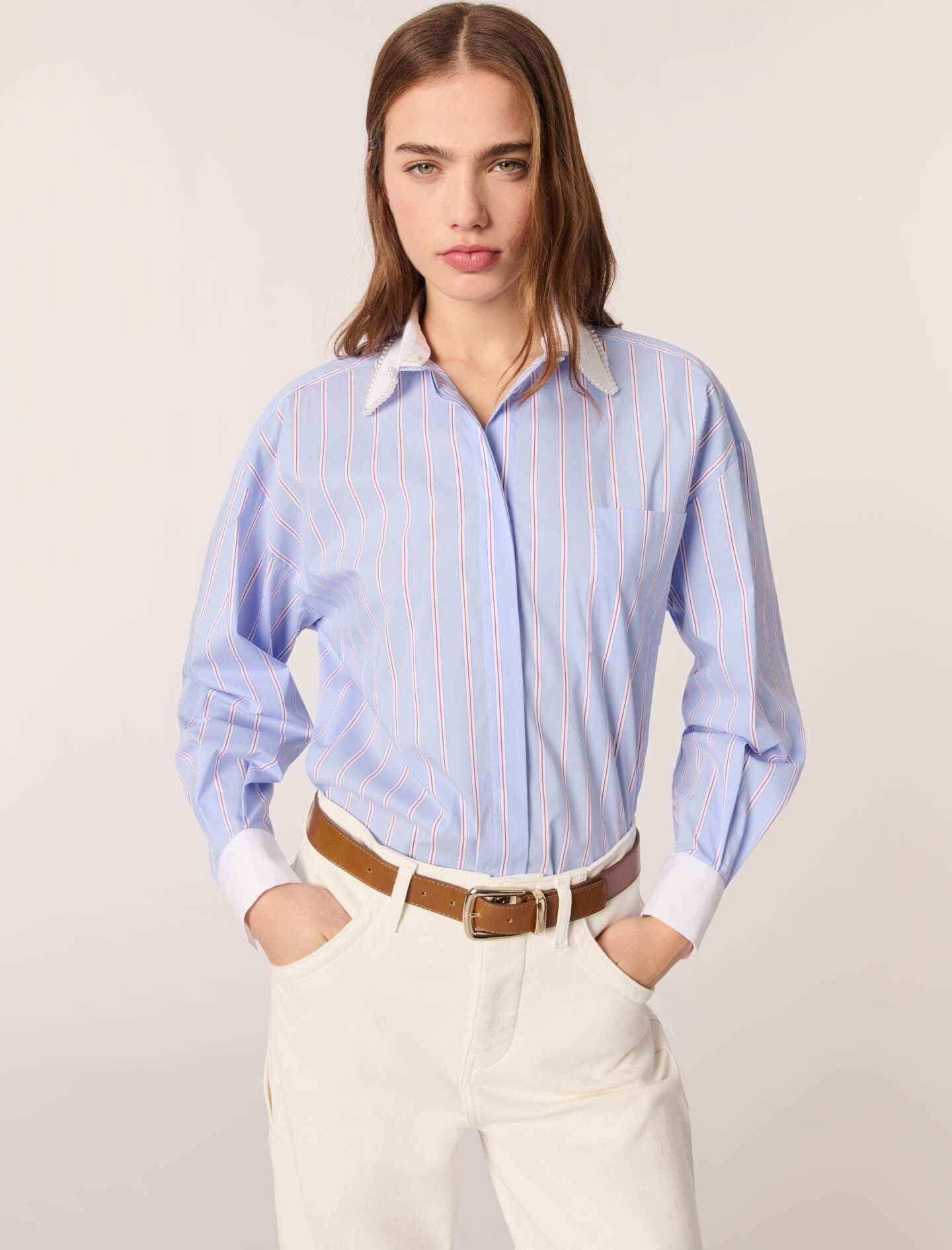 ★CRANK★STRIPED COLLARED SHIRTS_VINTAGE BLUE★正規品/人気 Striped shirt with beaded collar Tricolor For Women | Maje