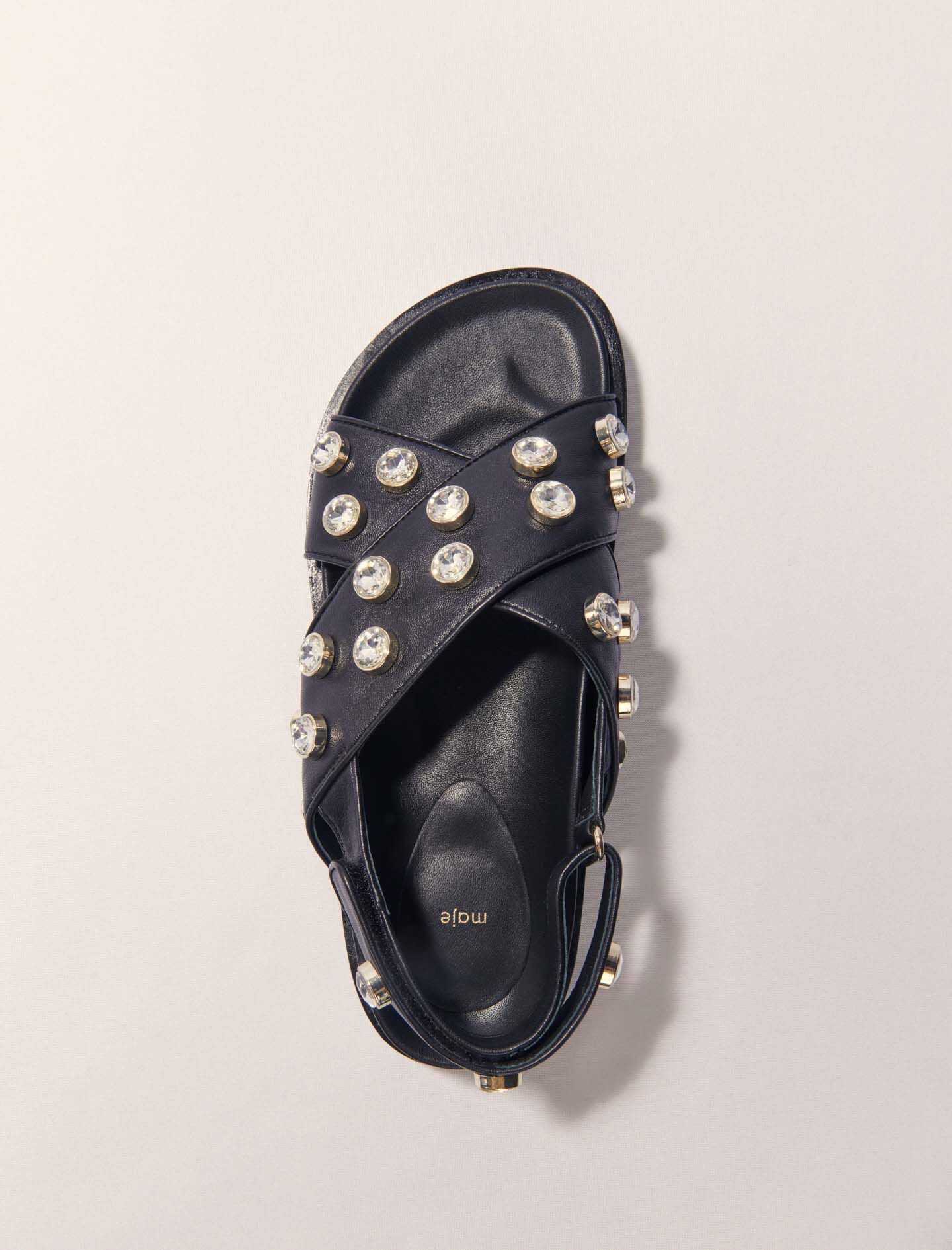 MAJE [マージ] Jewel Leather Strap Sandals Flat leather and rhinestone sandals Black / Gray for Women