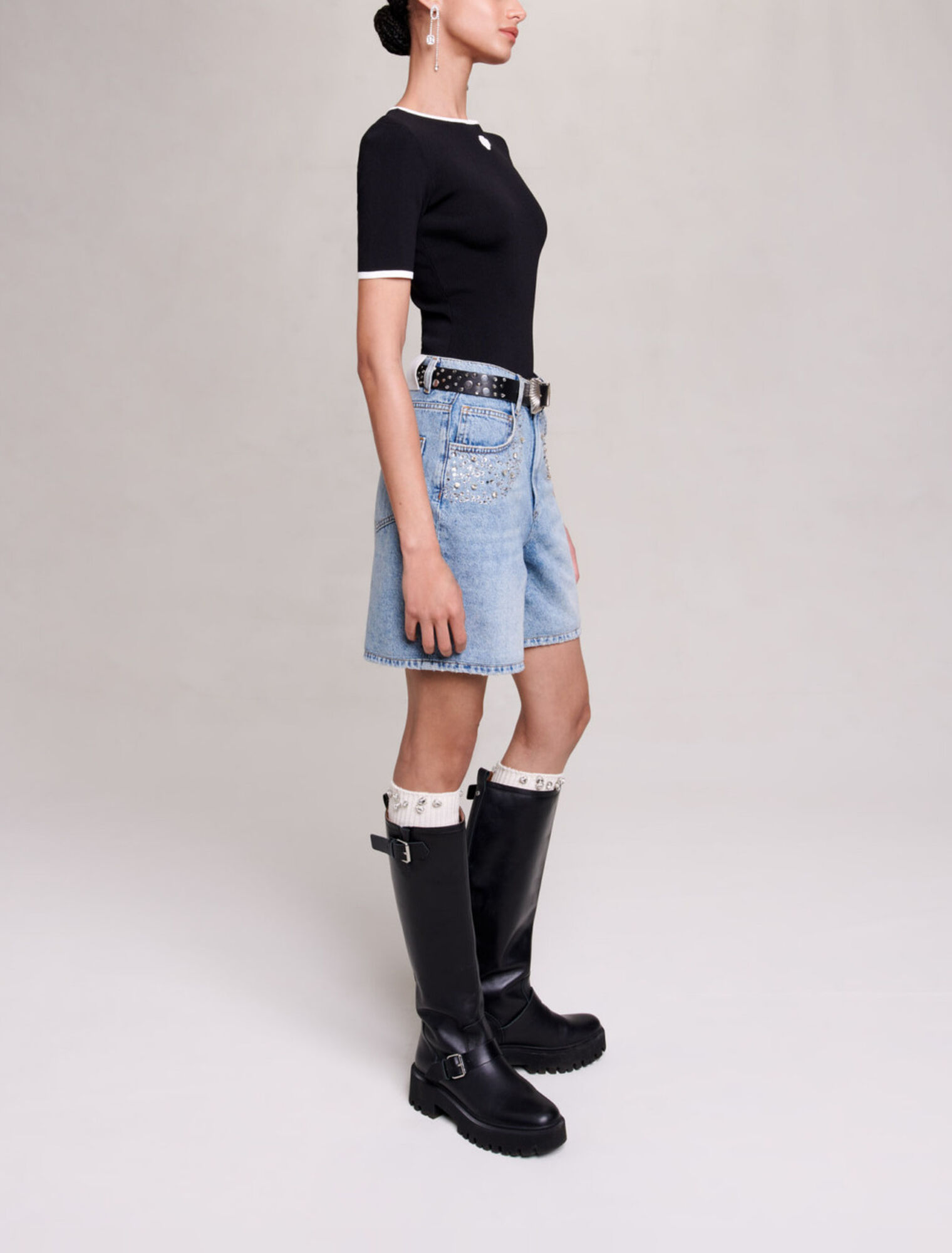Flared denim shorts with rhinestones