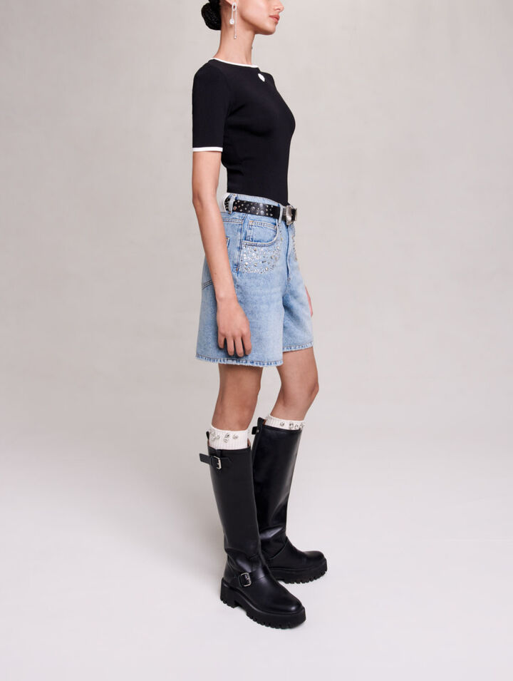 Flared denim shorts with rhinestones