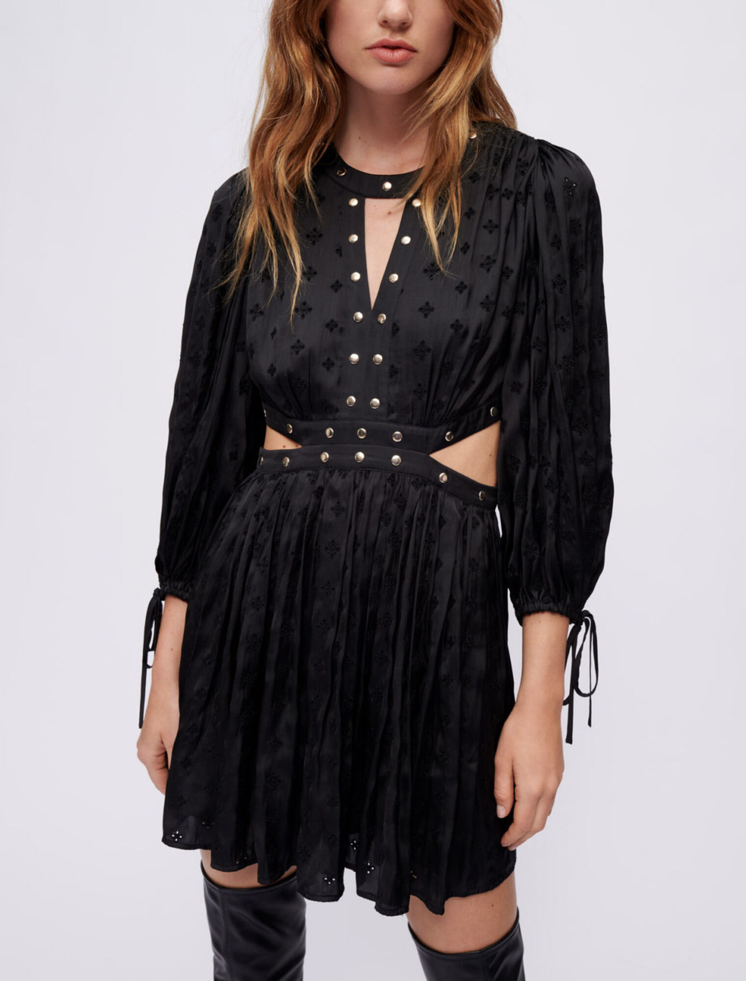 Studded embroidered satin dress