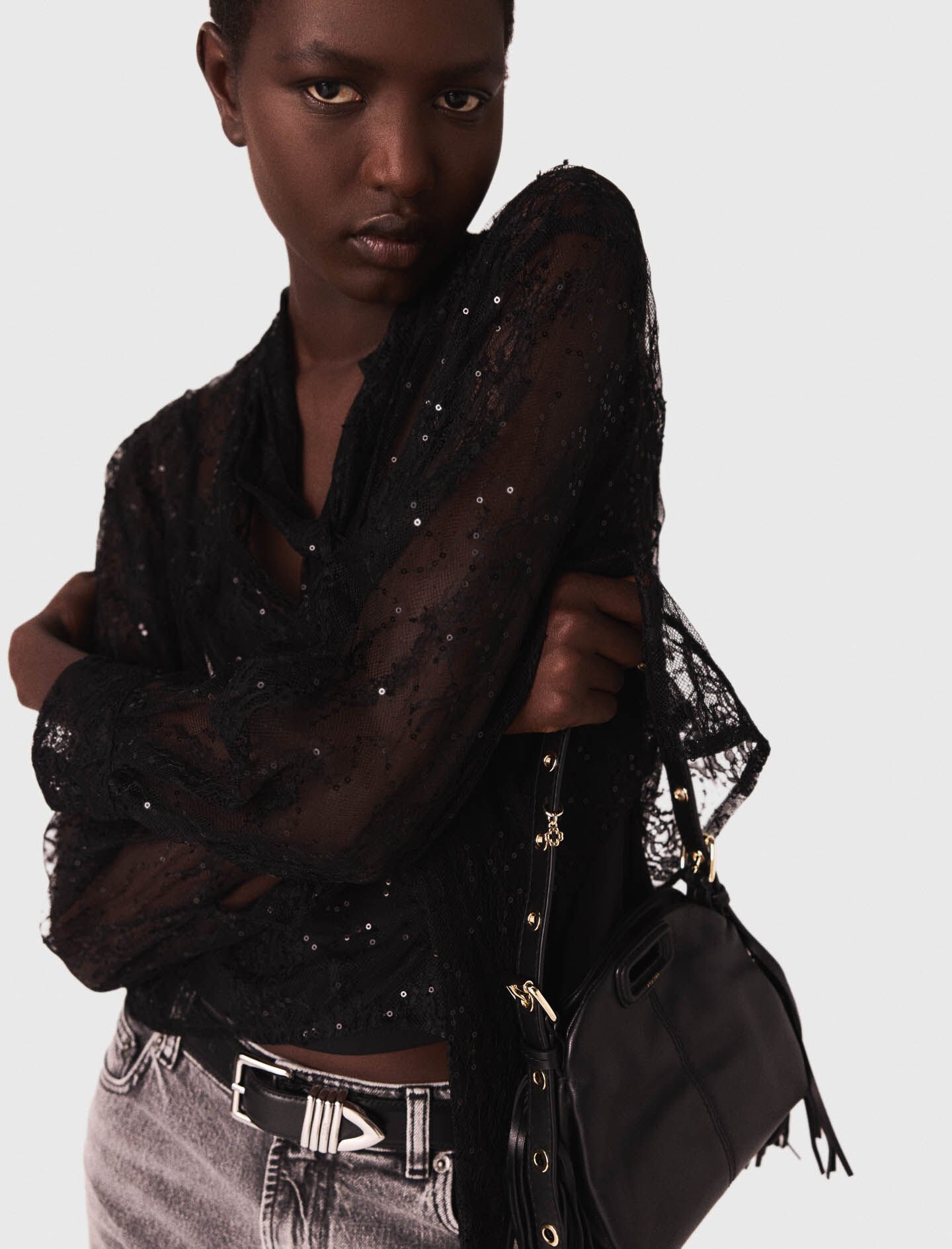 Lace pussy bow shirt Black / Gray For Women | Maje