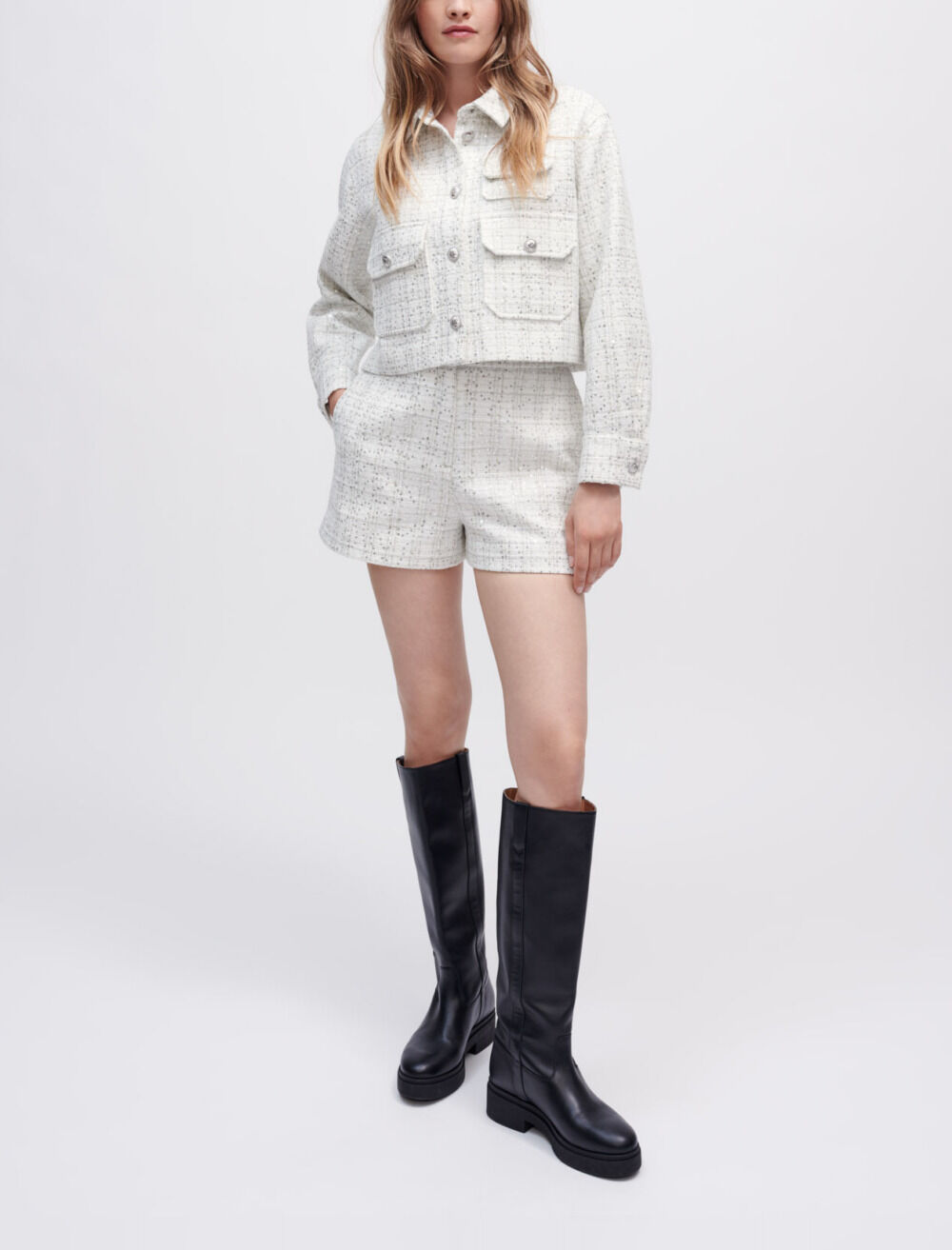 Sequinned ecru tweed shorts White For Women | Maje