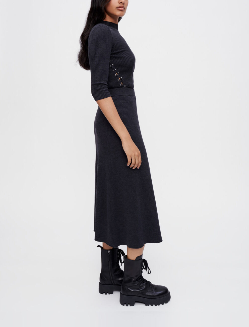 Midi skirt in silver eyelet knit Black / Gray For Women | Maje