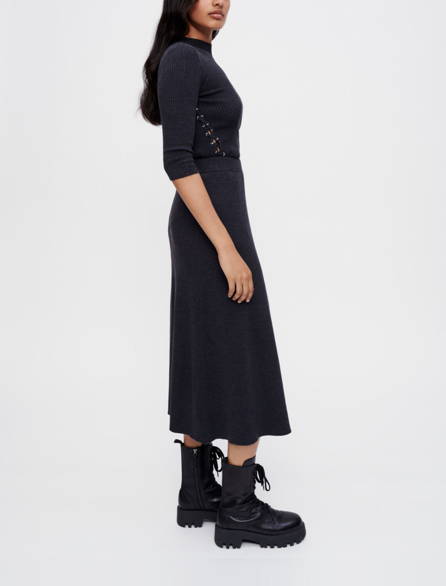 Midi skirt in silver eyelet knit