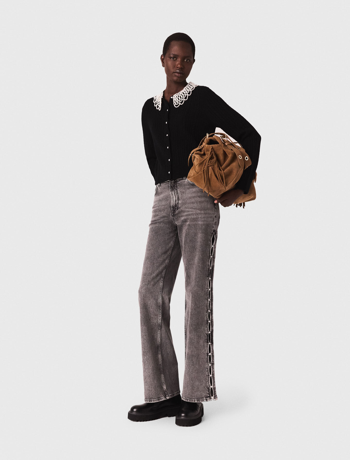 Cardigan with removable beaded collar Black / Gray For Women | Maje