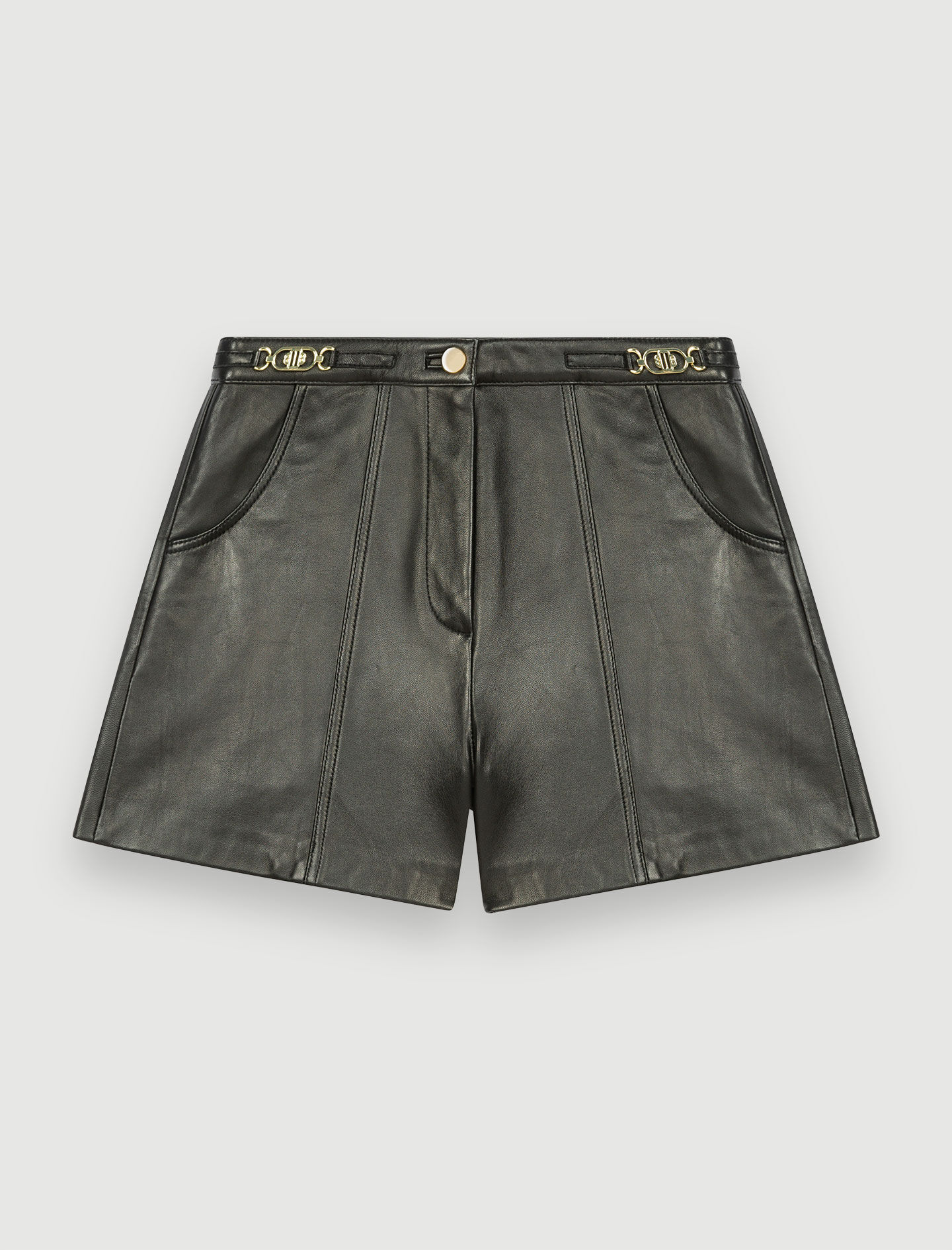 Leather shorts with gold-tone hardware Black / Gray For Women | Maje