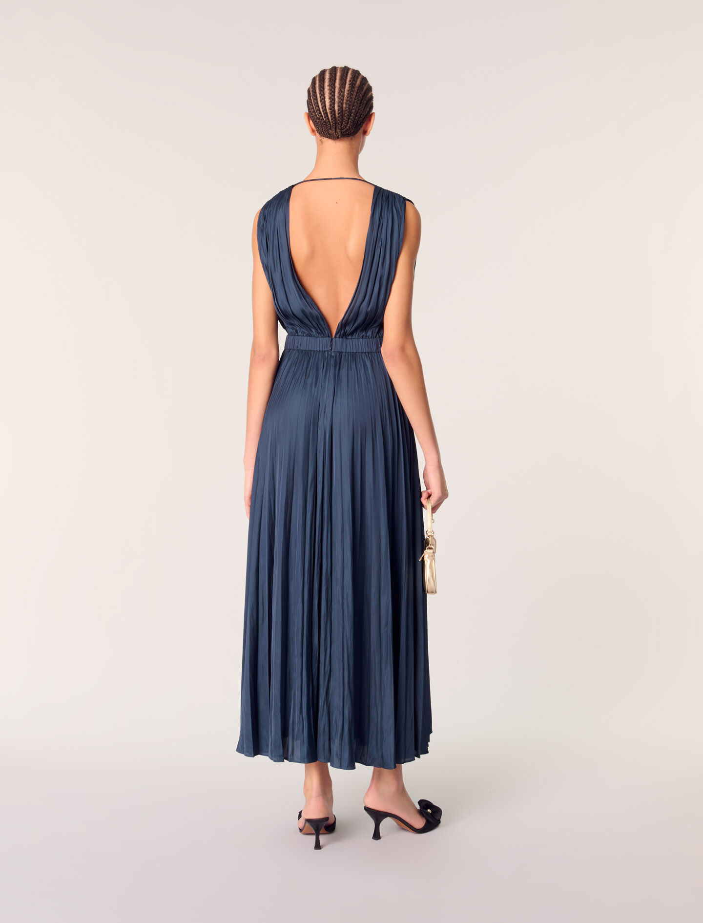 549-2 MIRABELLA Pleated chiffon midi dress with a neckline