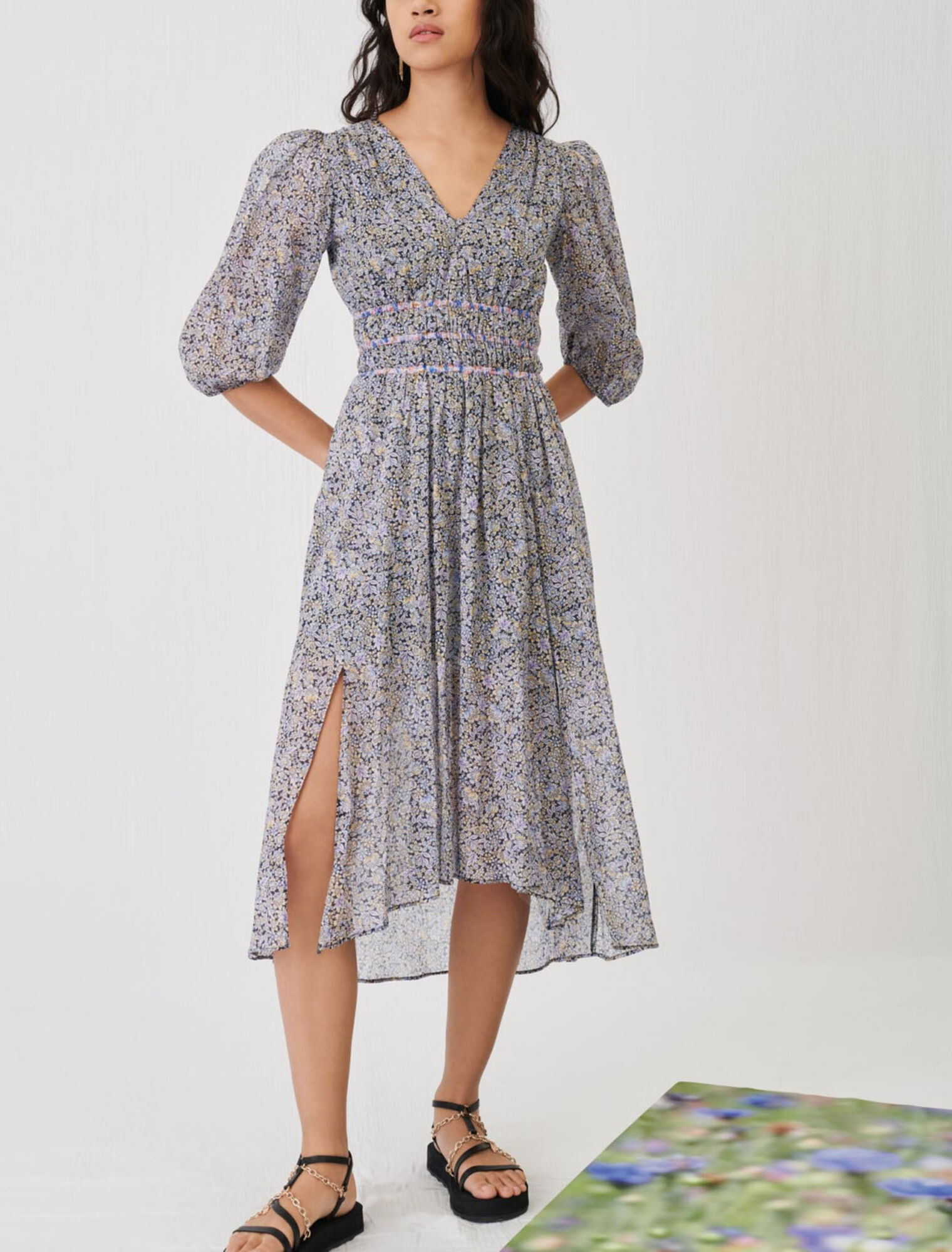 Printed cotton voile skirt with smocking