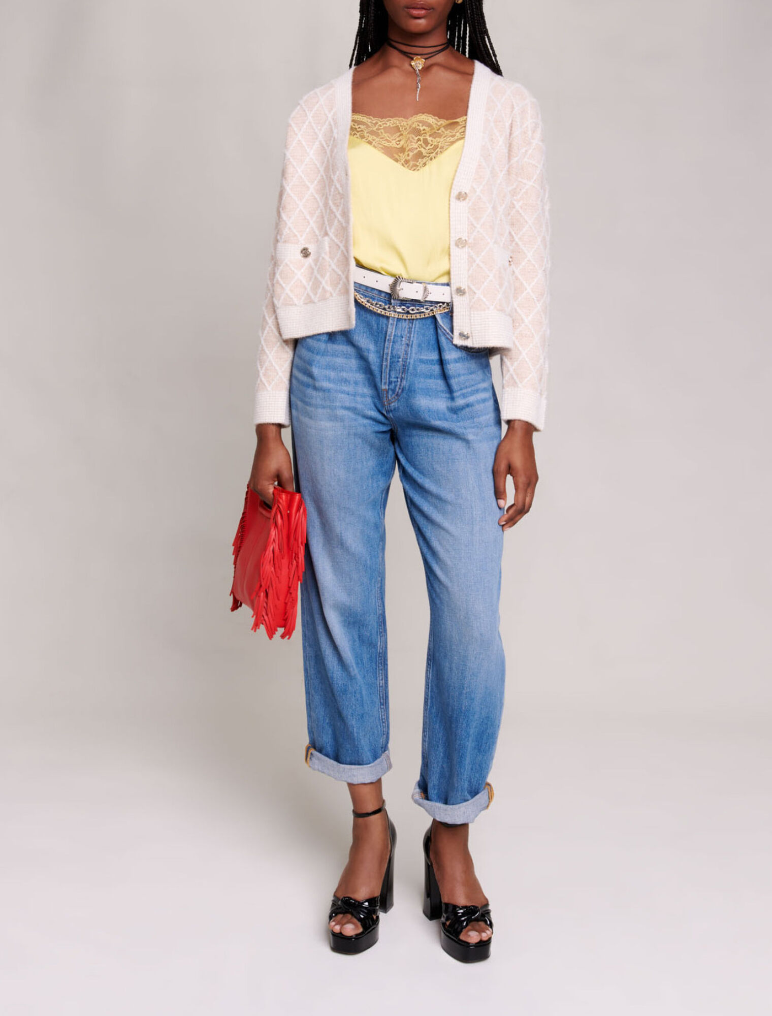 Cardigan en maille &agrave; carreaux