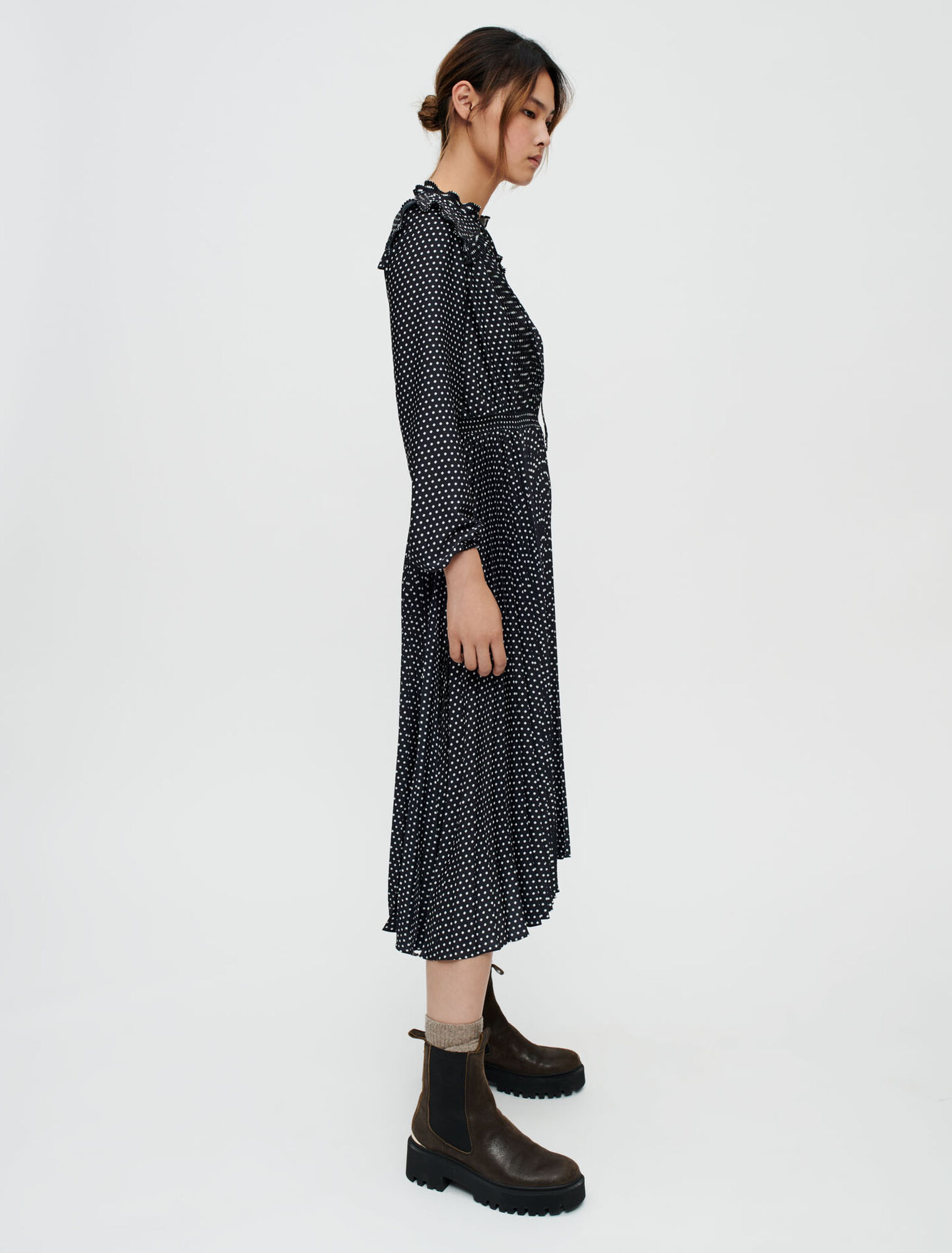 Pleated satin dress, mini Clover dots