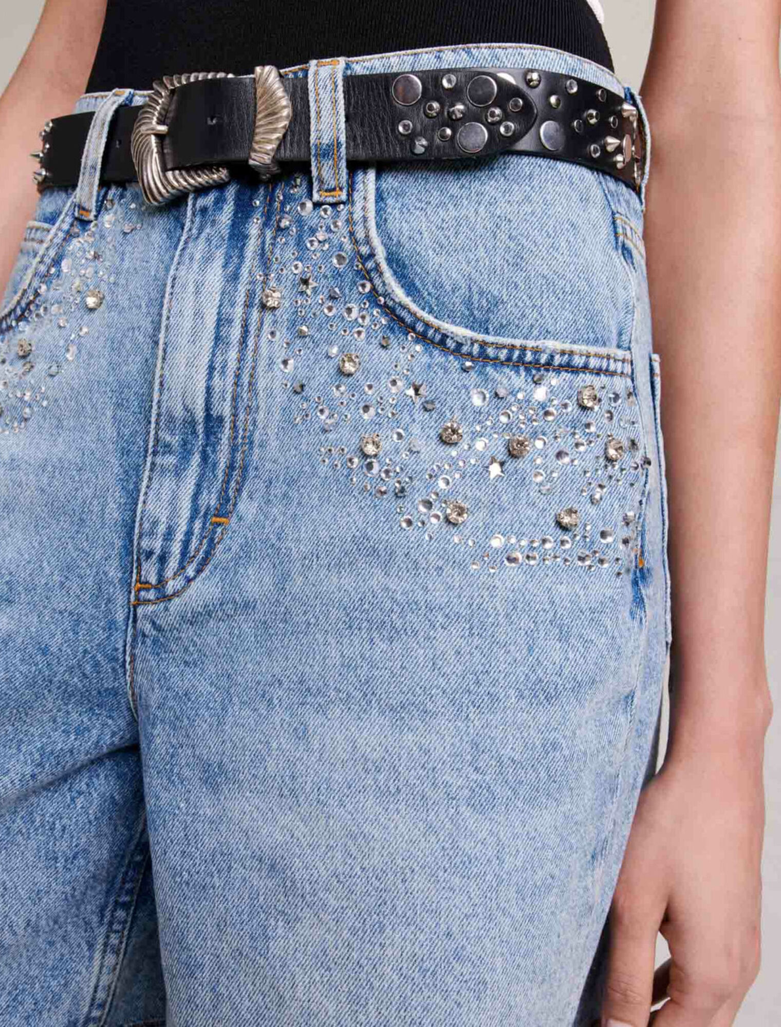 Flared denim shorts with rhinestones