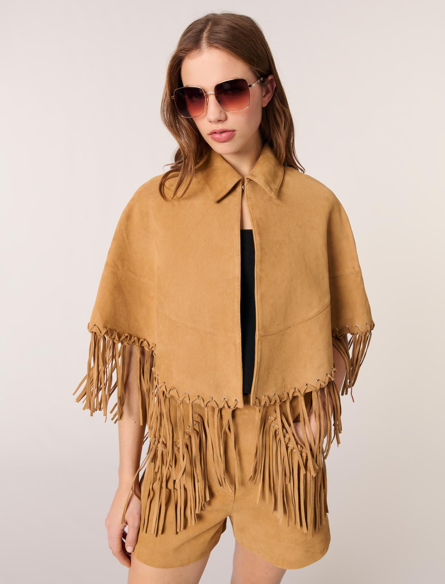 Short leather fringed coat Natural For Women | Maje
