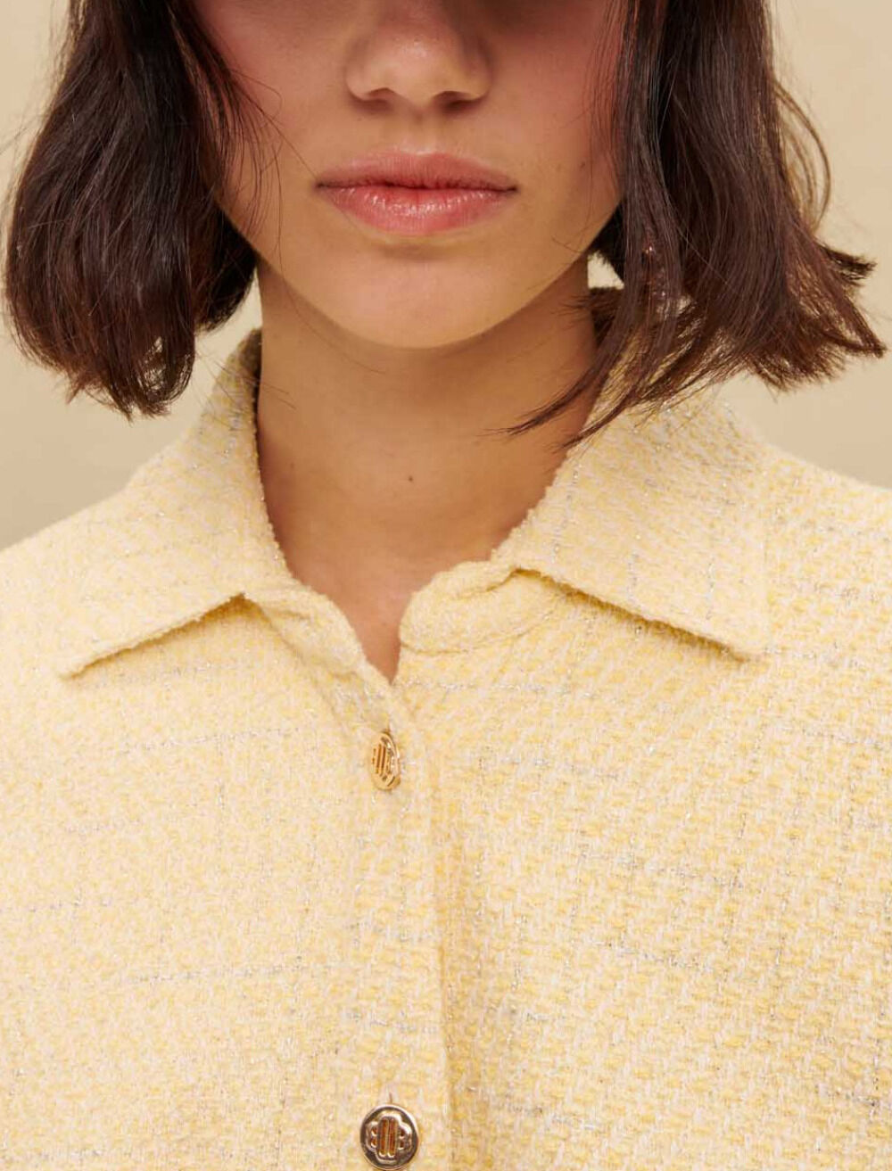 Asymmetrical lurex tweed dress Yellow / Orange For Women | Maje