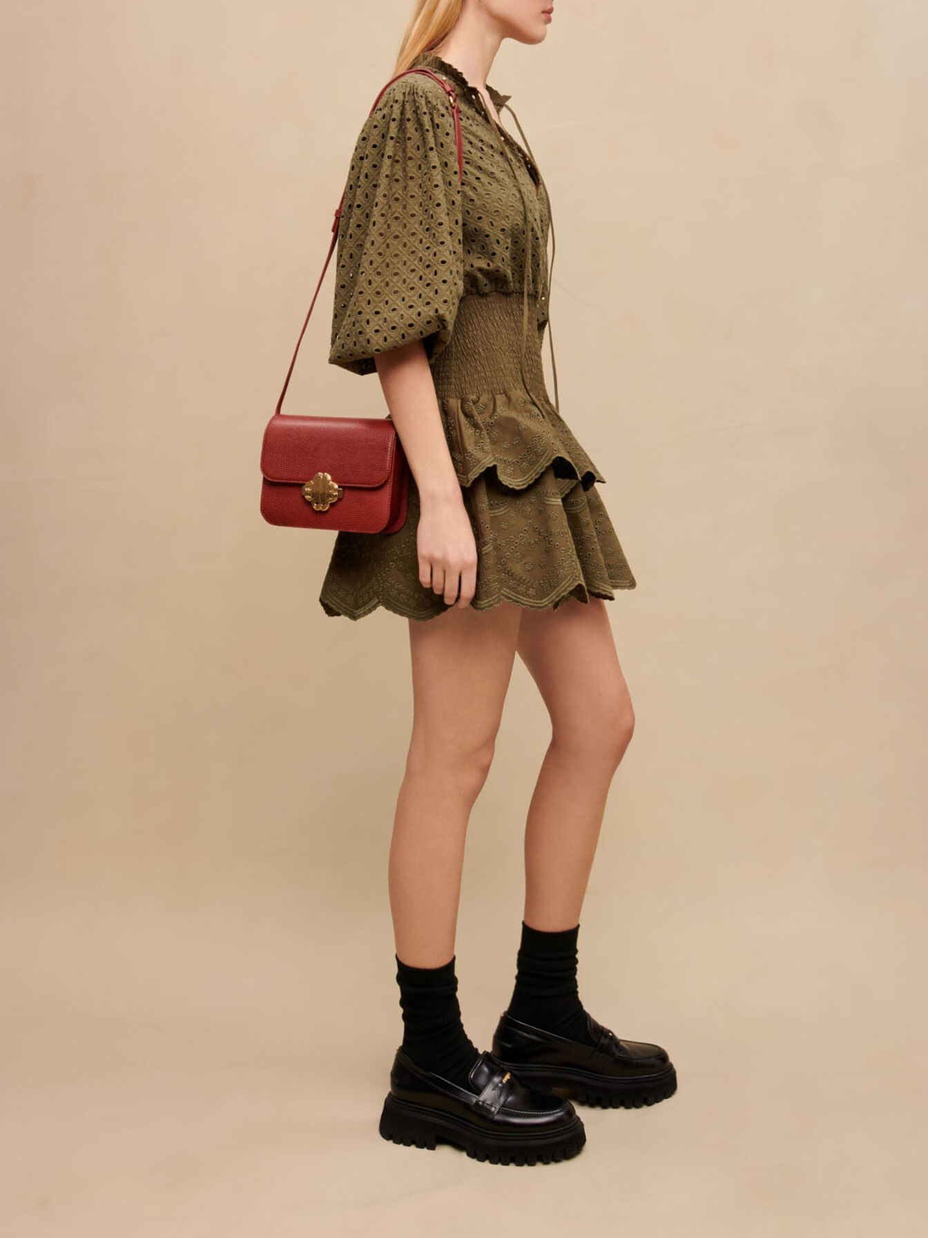MAJE [マージ] Broderie Anglaise Babydoll Dress Broderie anglaise mini dress Brown For Women | Maje