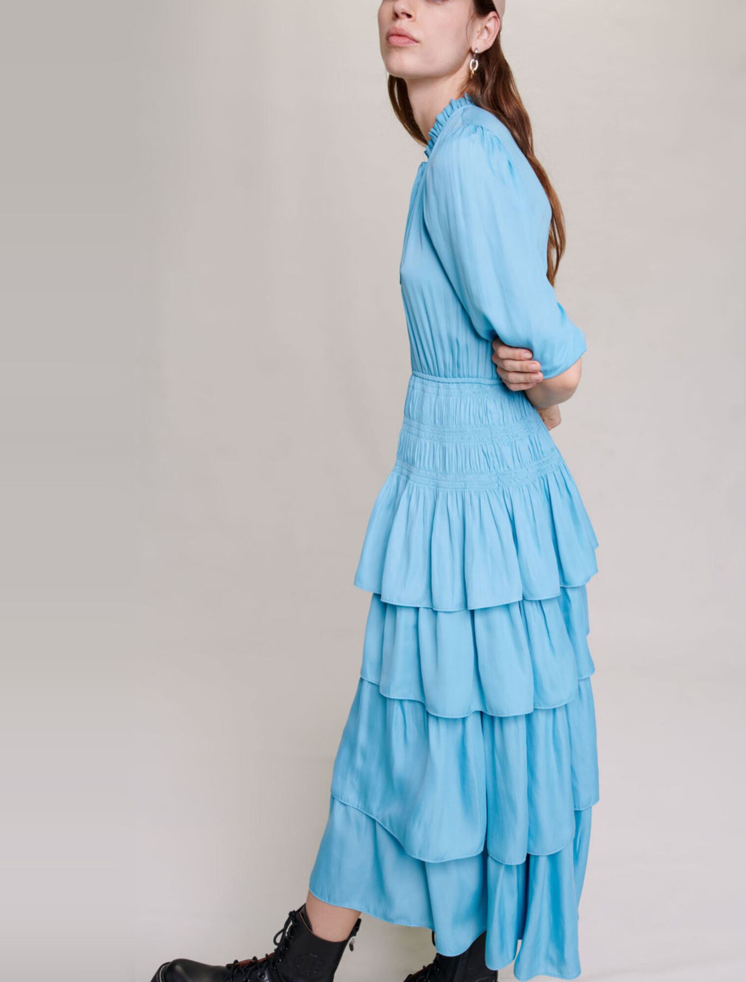 Long satiny dress with ruffles
