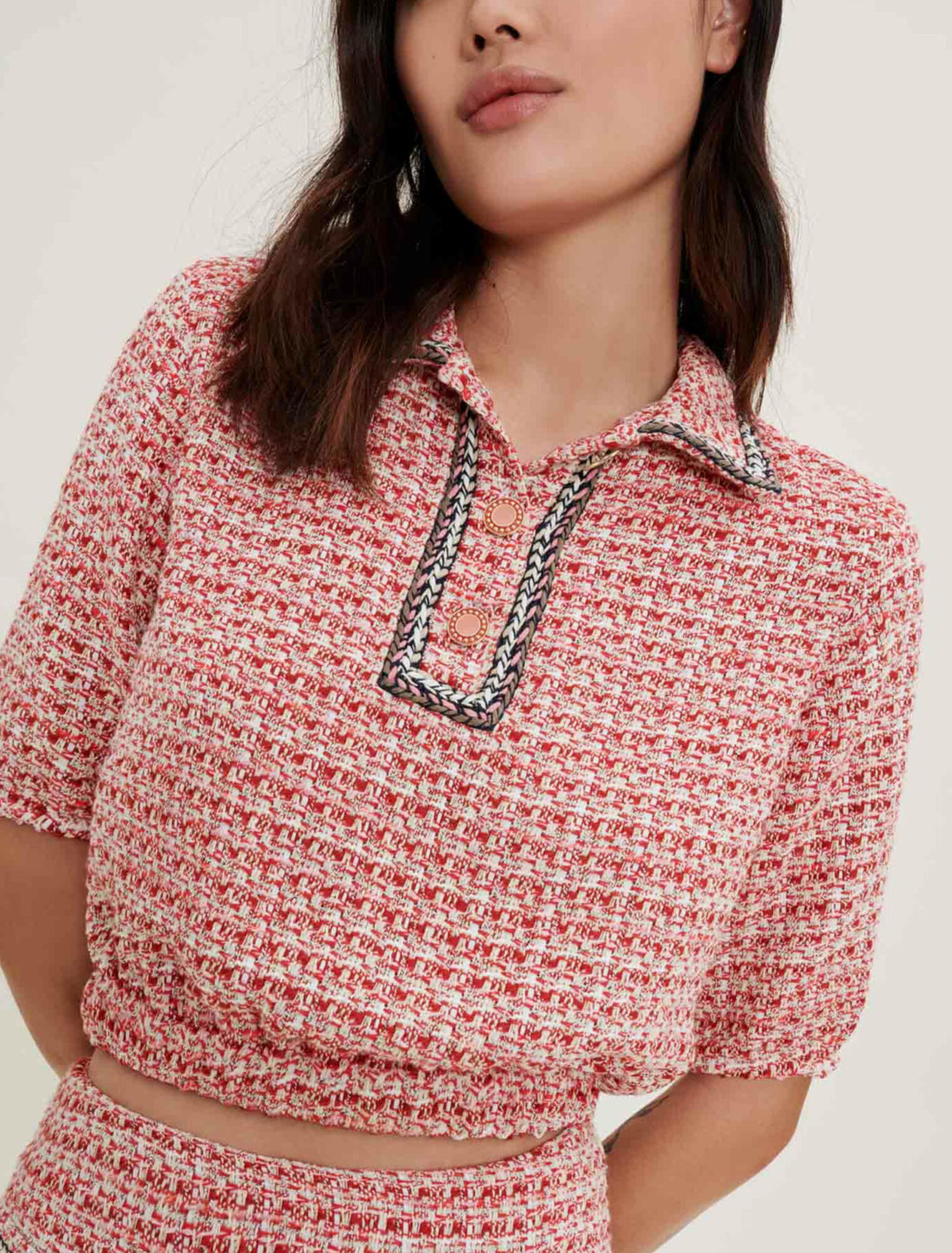 Ethnic trim tweed crop top