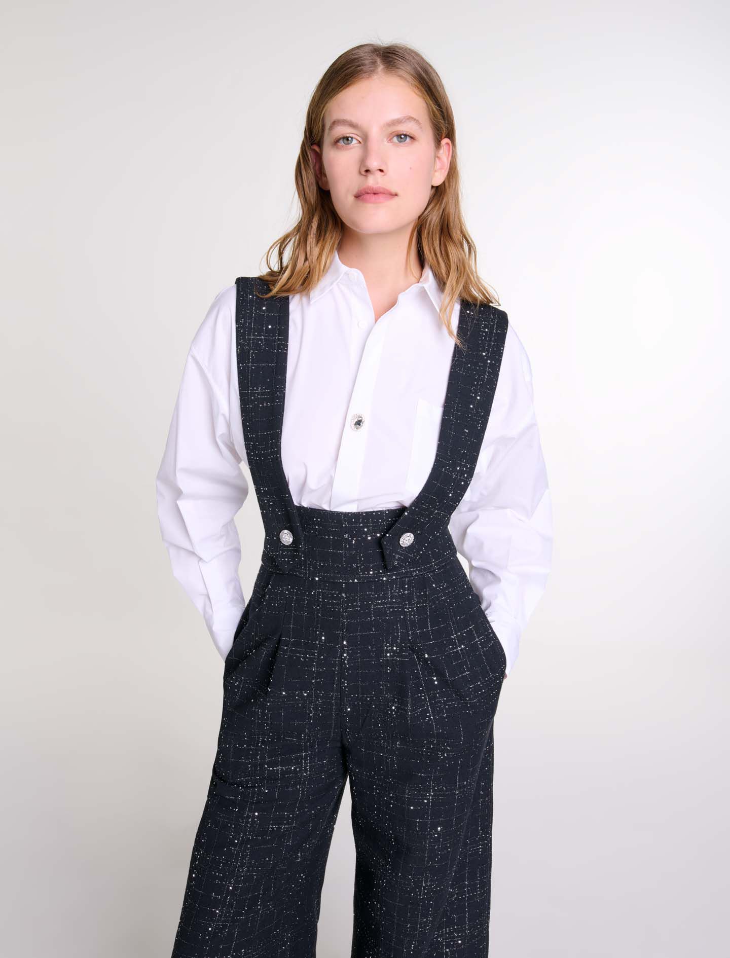 Wide-leg trousers with tweed braces Black / Gray For Women