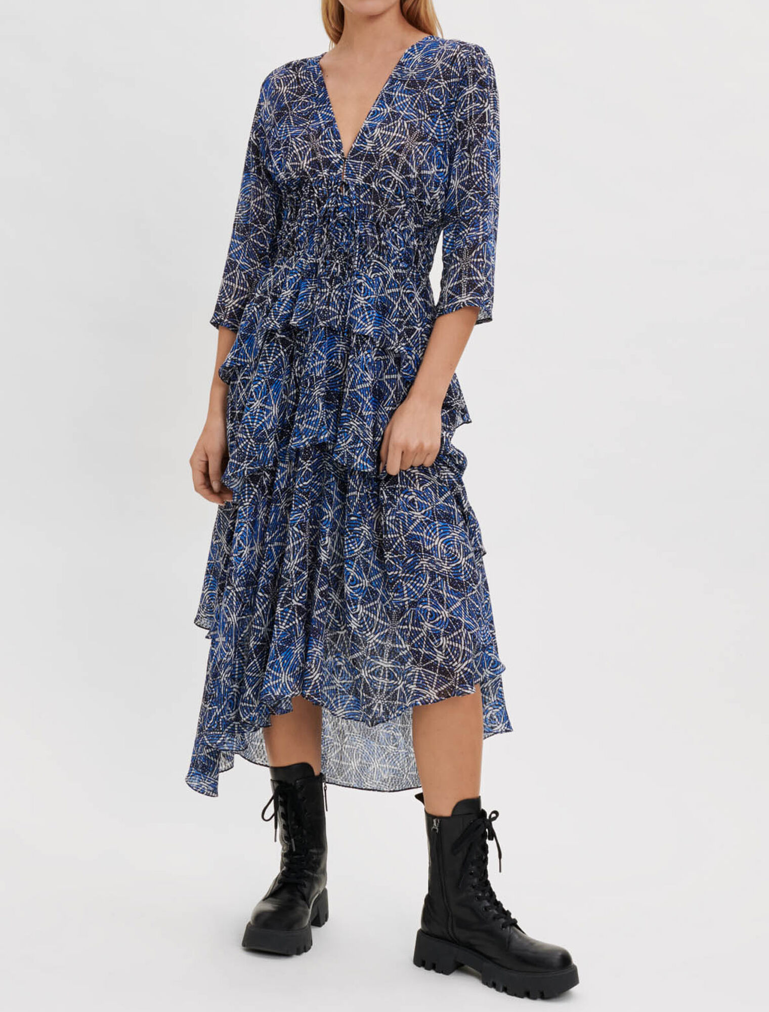 Ruffled printed viscose dress