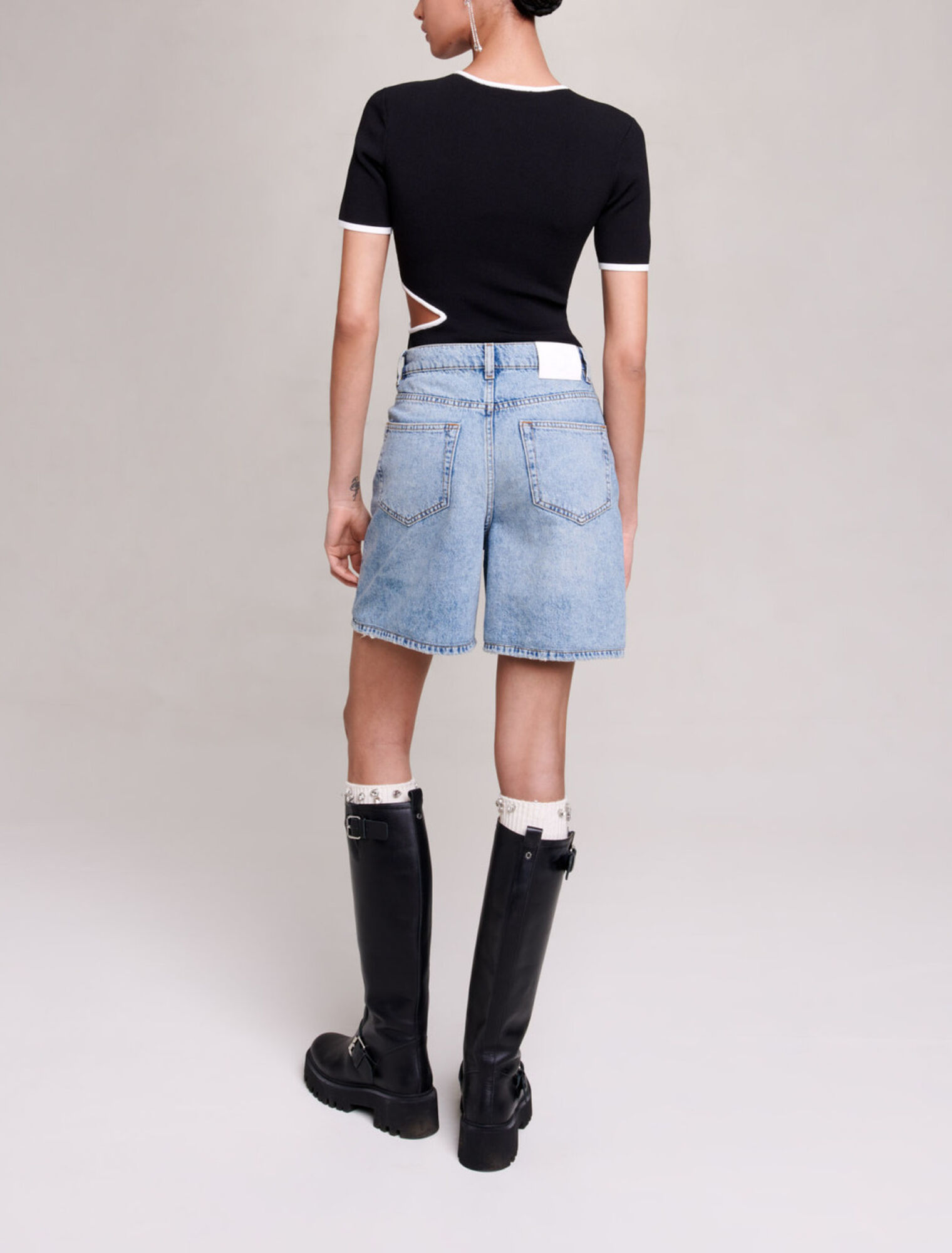 Flared denim shorts with rhinestones