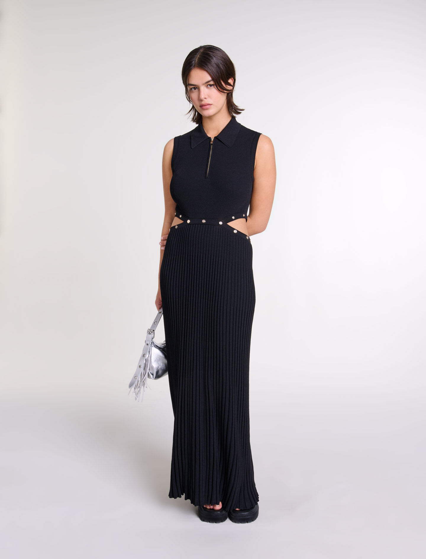 Rib knit maxi dress Black / Gray For Women | Maje Rib knit maxi dress Black / Gray For Women | Maje