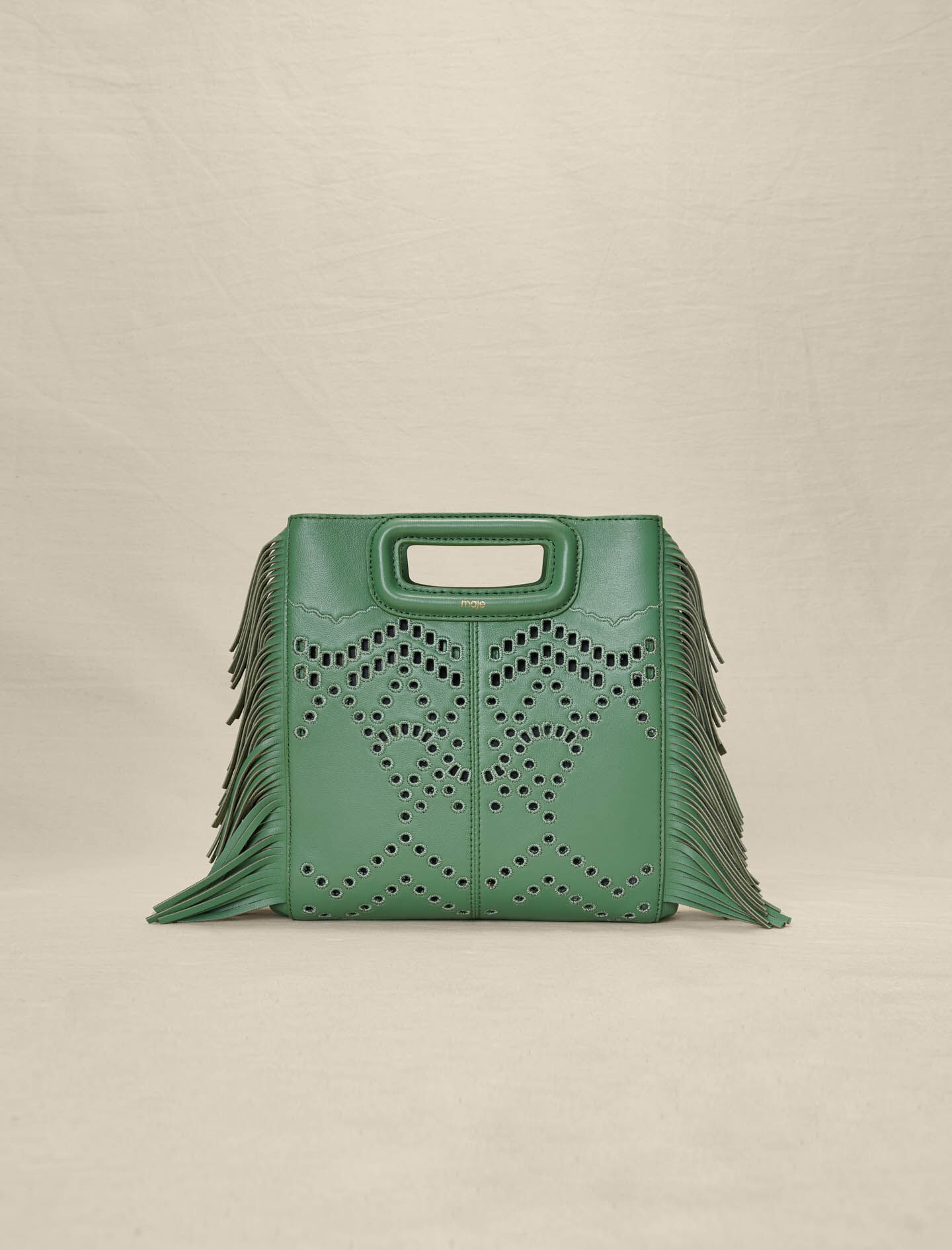 Perforated, fringed leather M bag Green For Women | Maje