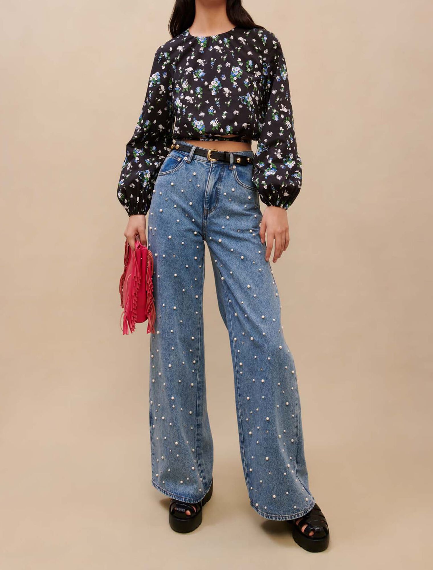 Wide-leg jeans with bead embellishment