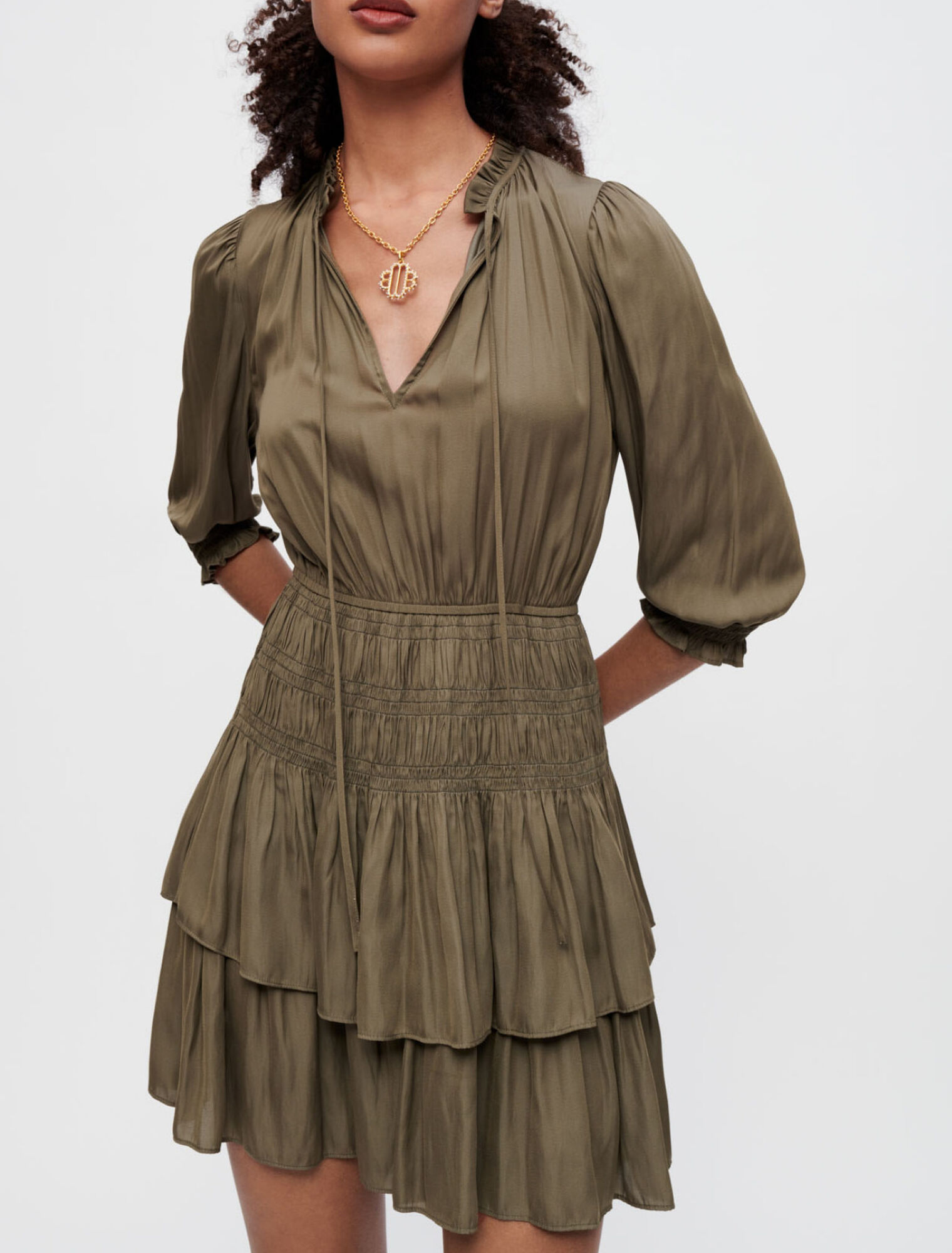 Satin dress with smocking and ruffles