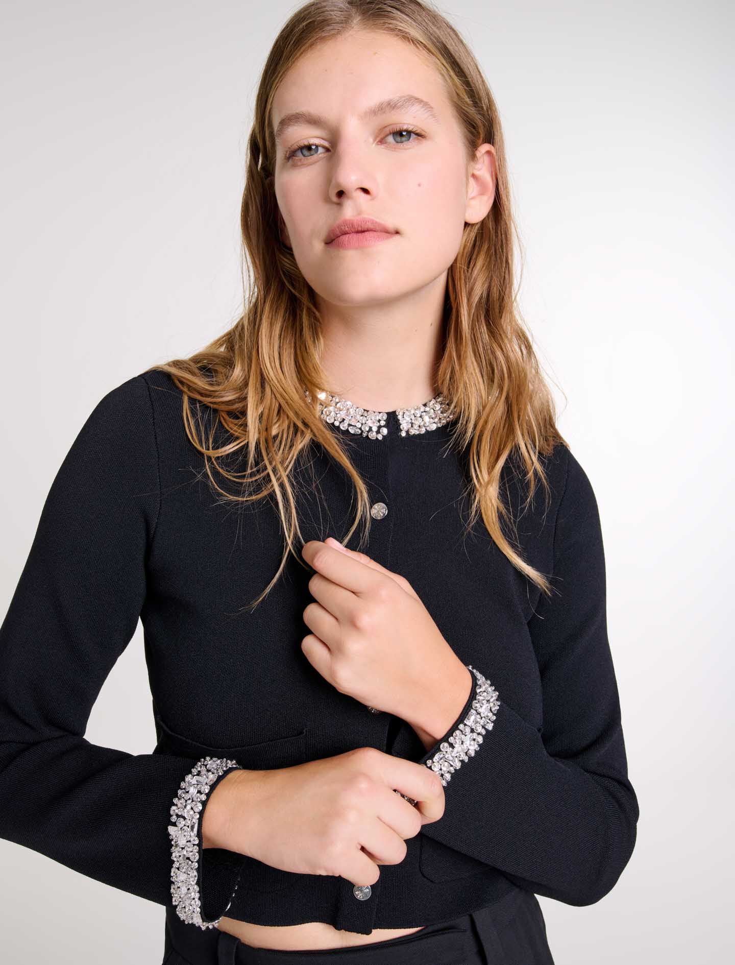 Cardigan with rhinestone trim Black / Gray For Women | Maje