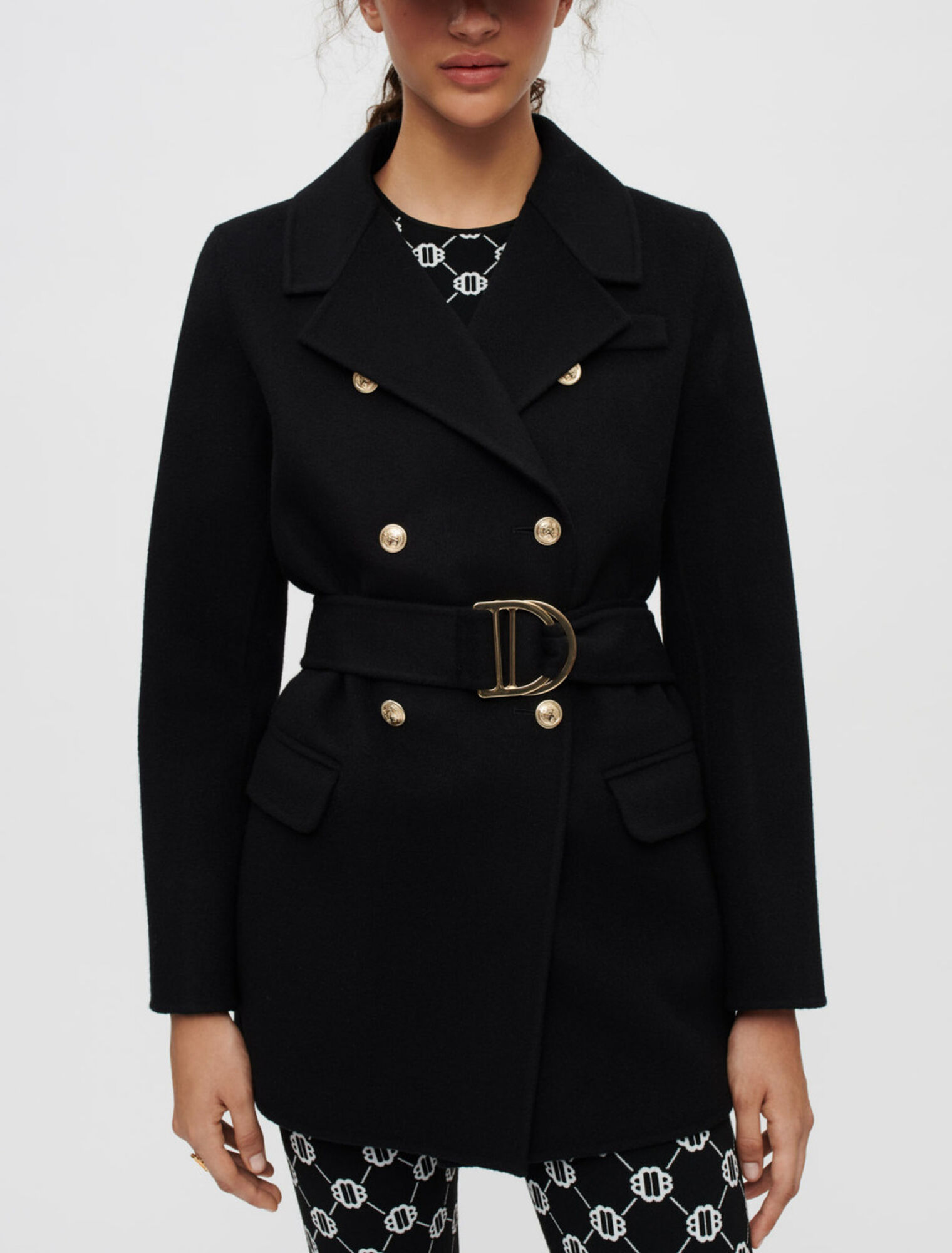 Black double-faced coat with belt