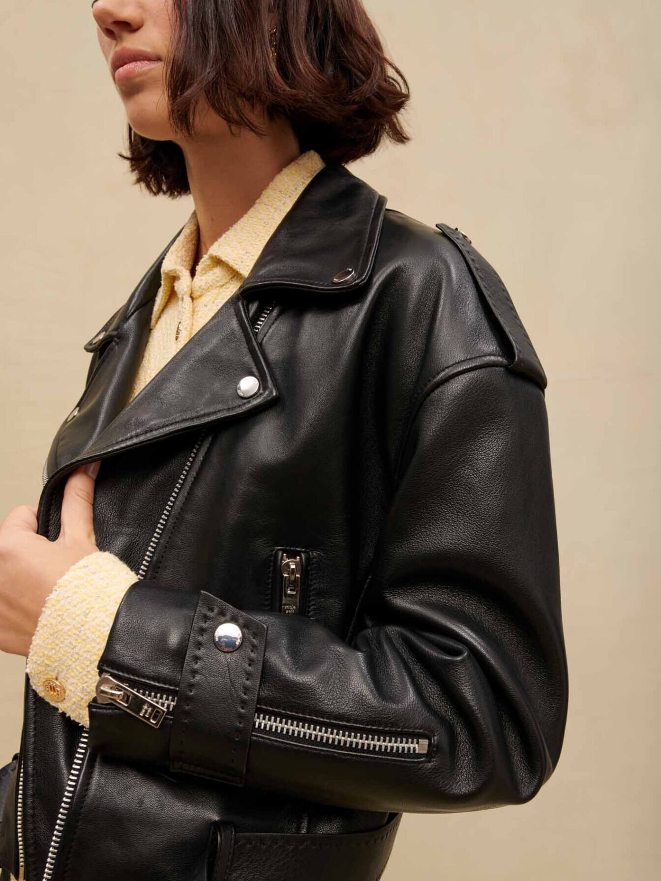 Leather biker style jacket Black Gray For Women Maje