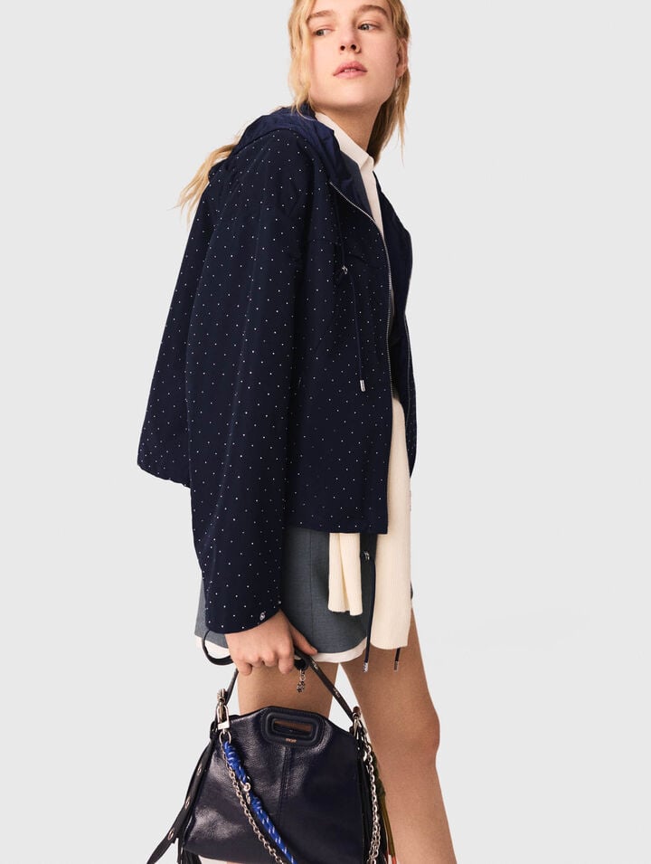 Hooded windbreaker with rhinestones