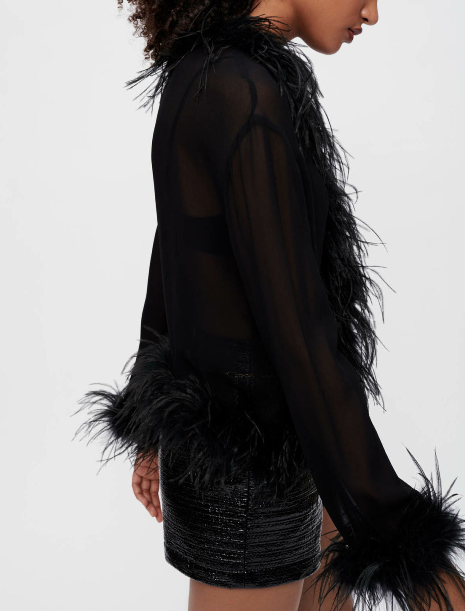 Transparent voile shirt with feathers