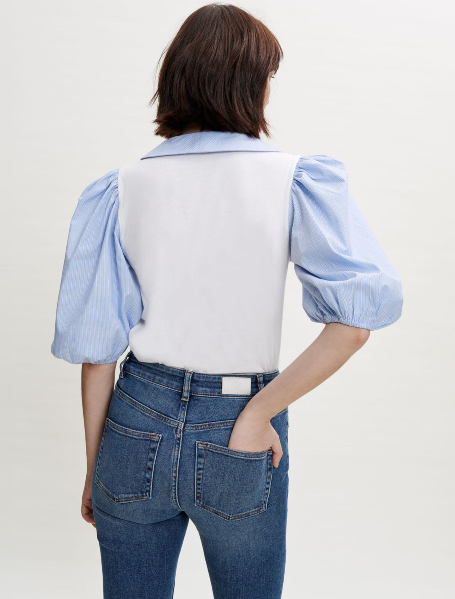 Mixed-material collar tee-shirt