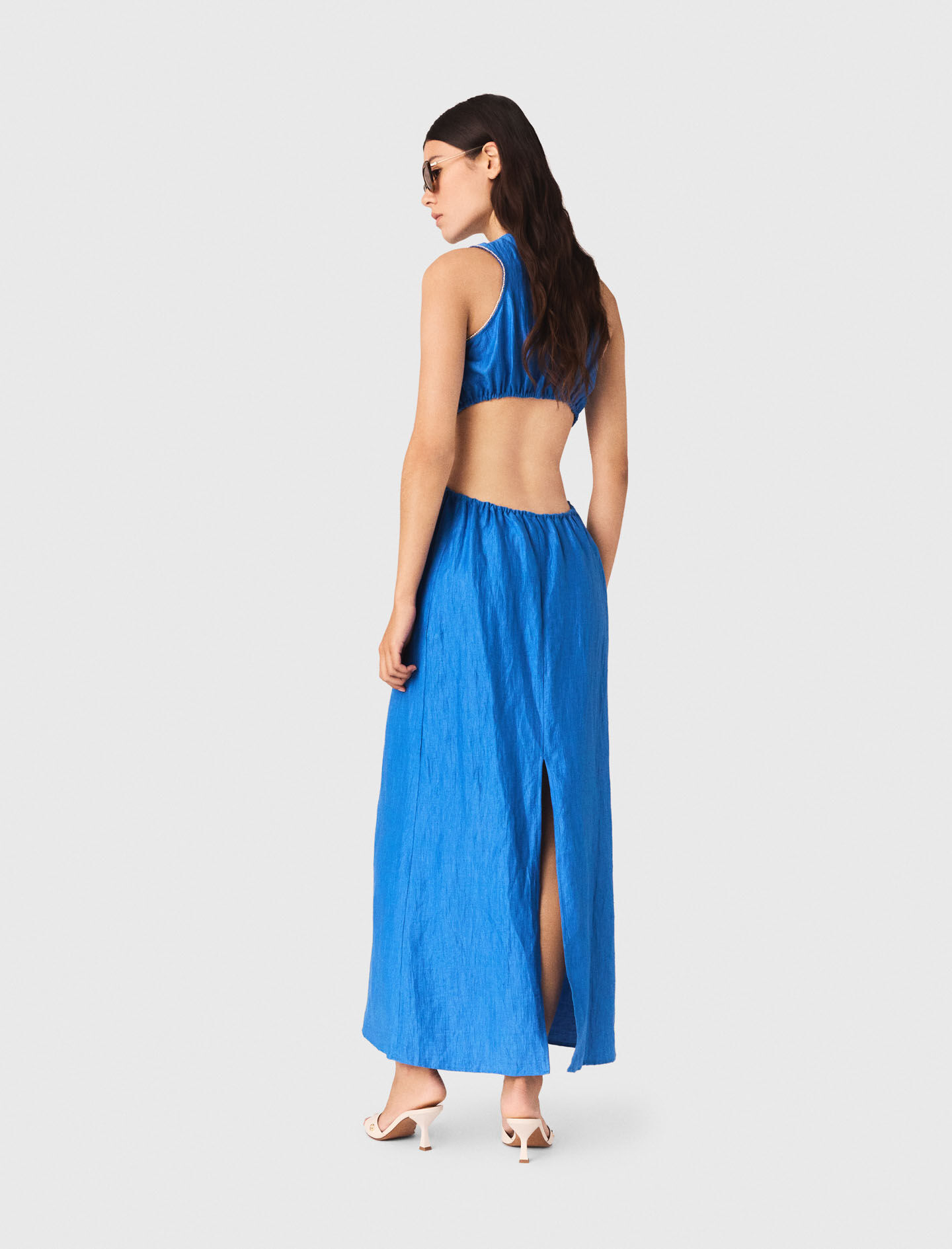 Backless Linen-Blend Midi Dress Blue For Women | Maje