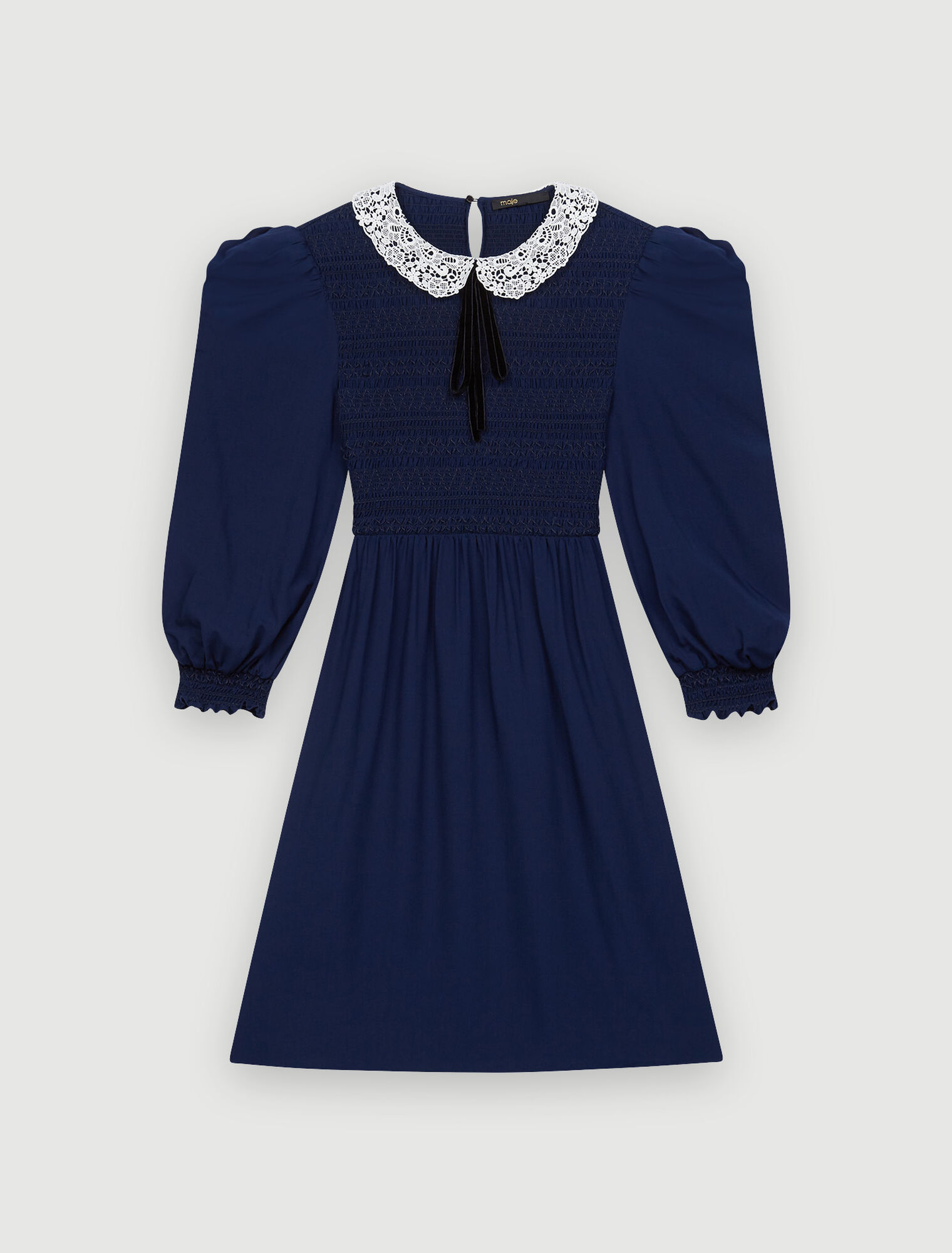 Smocked dress with guipure collar