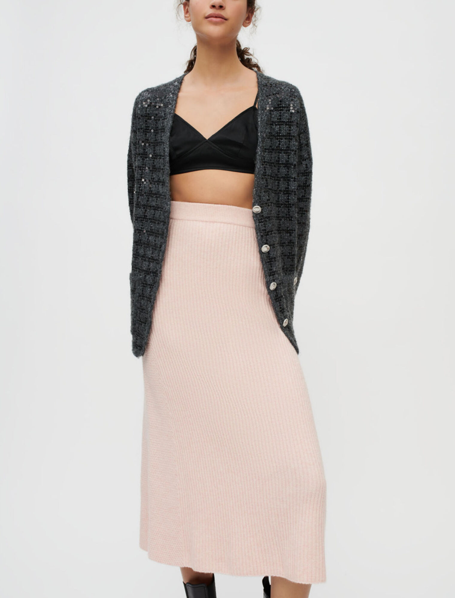 Ribbed stretch-knit midi skirt