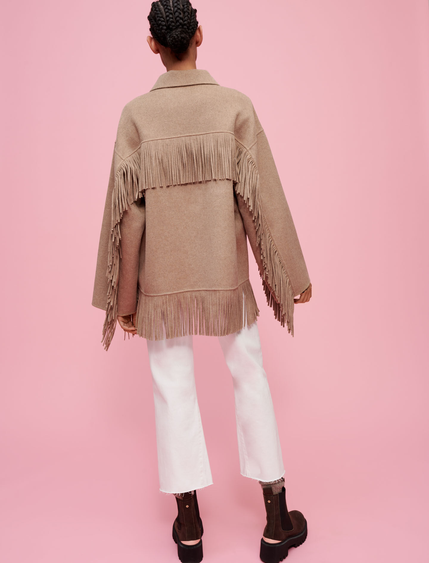 Double faced coat with fringing