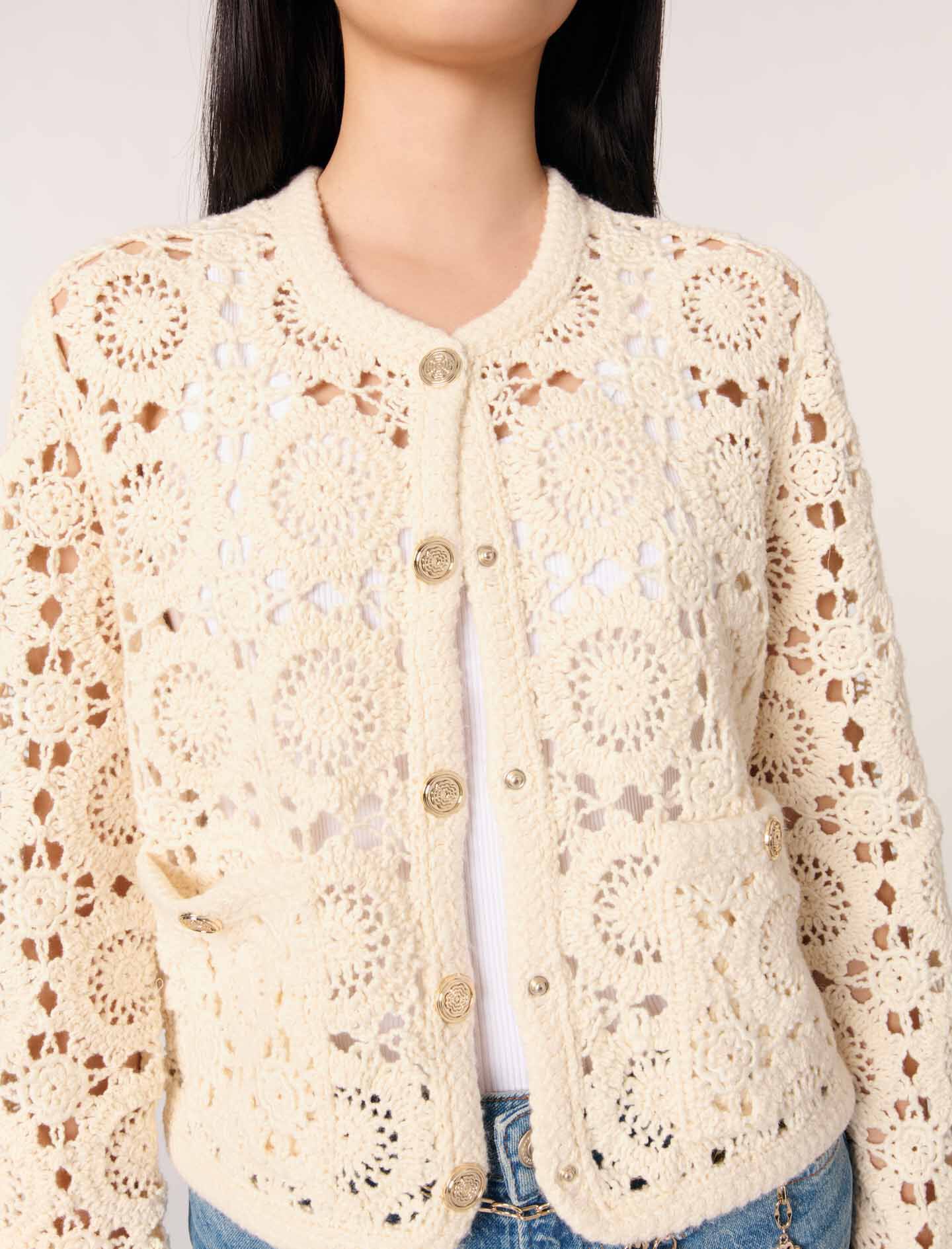 Crochet cropped cardigan White For Women | Maje