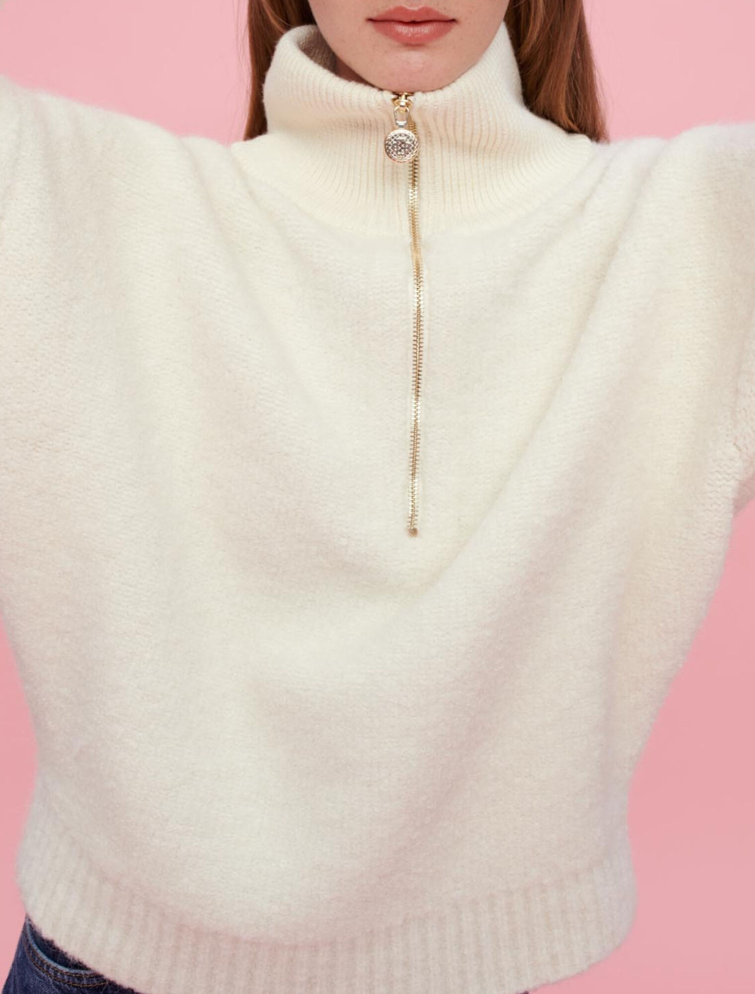 Ecru bouclé mock-neck sweater