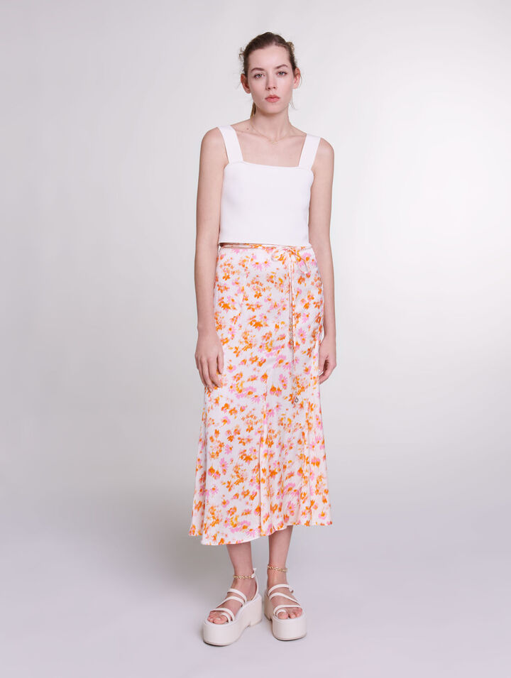 마쥬 Maje Satin-effect floral skirt,sping orange flower print