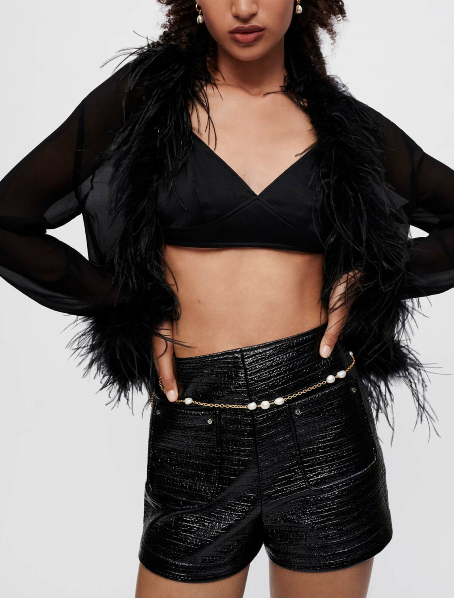 Transparent voile shirt with feathers