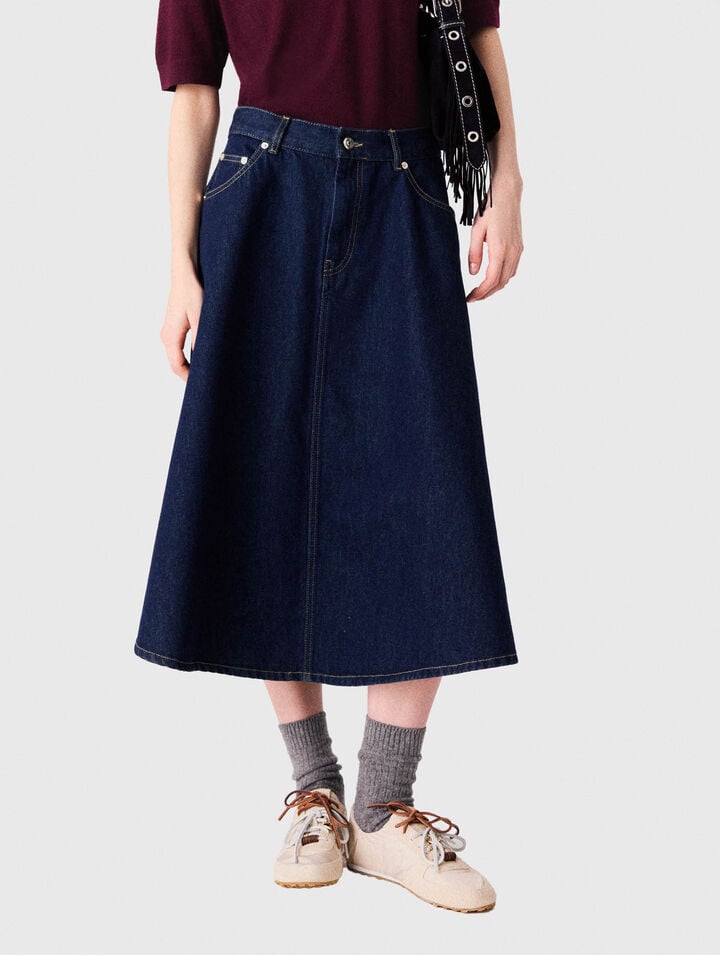 Mid-length flared denim skirt