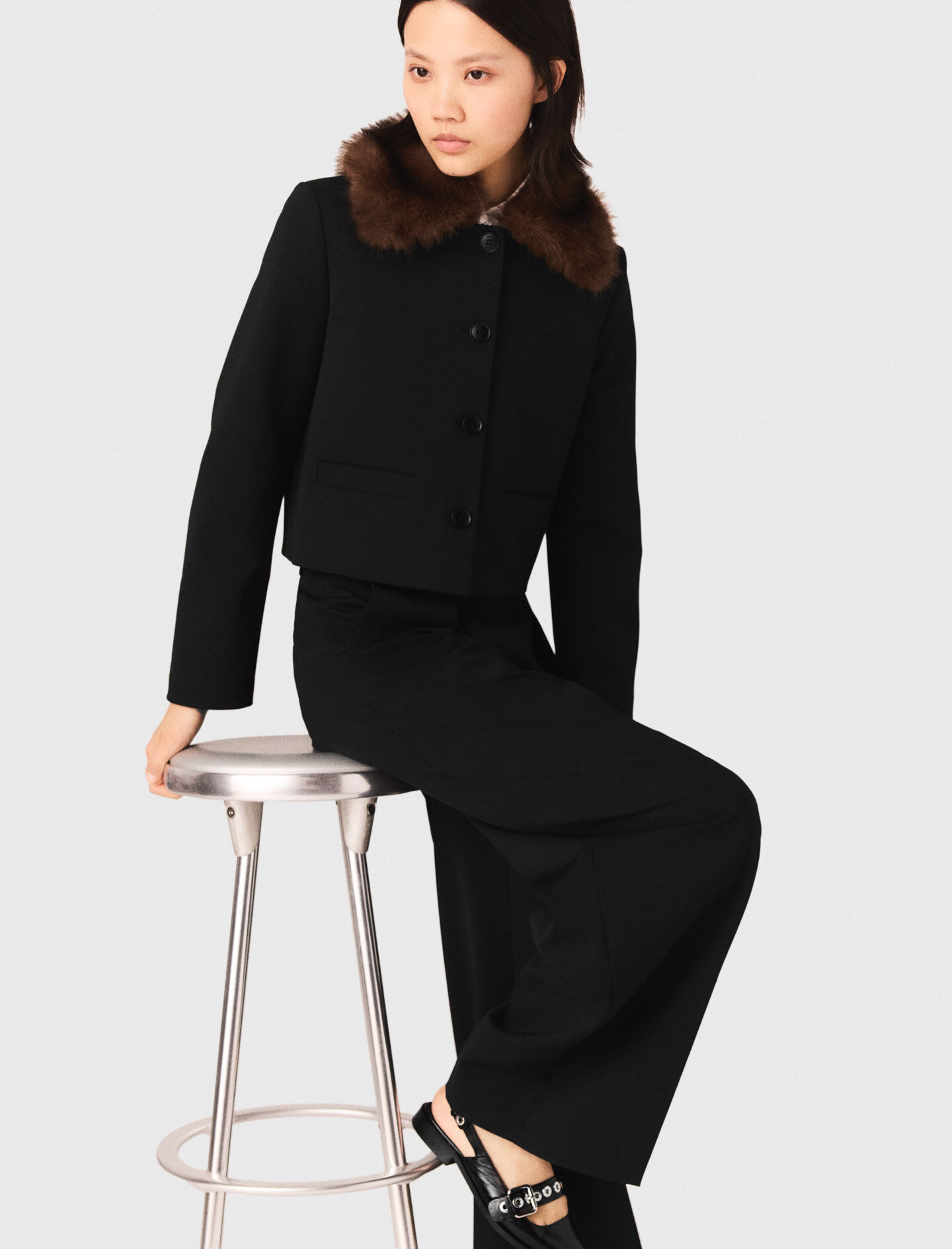 メロディー Short jacket with removable collar Black / Gray For Women | Maje