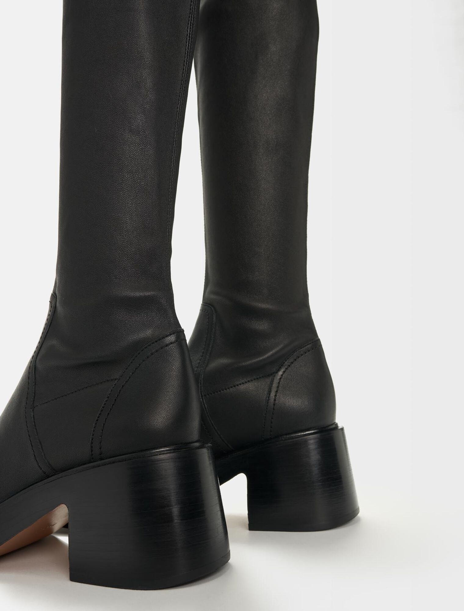 Black leather heeled thigh boots