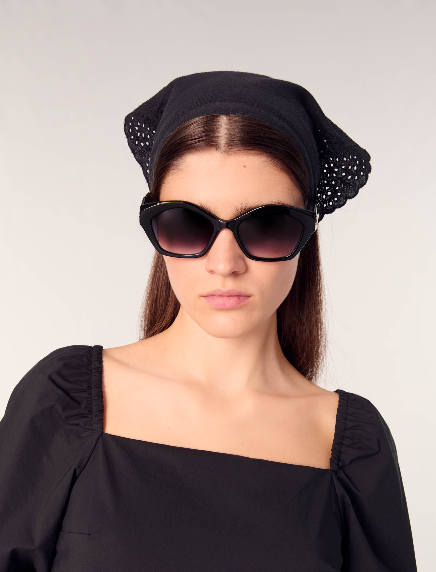 Poplin top with balloon sleeves Black / Gray For Women | Maje